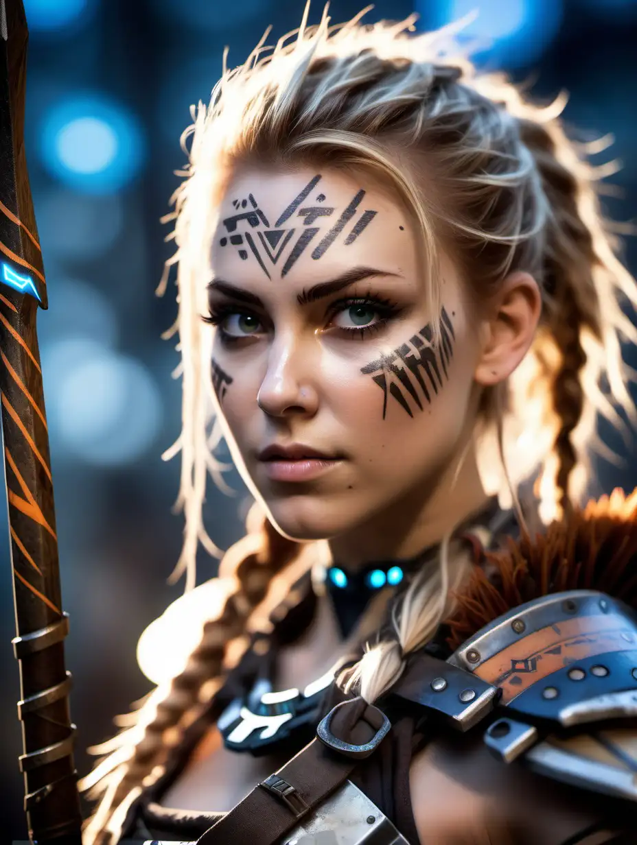 Beautiful Nordic woman, very attractive face, detailed eyes, big breasts, slim body, dark eye shadow, messy blonde hair, wearing a Horizon Zero Dawn cosplay outfit, holding a spear, close up, bokeh background, soft light on face, rim lighting, facing away from camera, looking back over her shoulder, watchers in the background, Illustration, very high detail, extra wide photo, full body photo, aerial photo