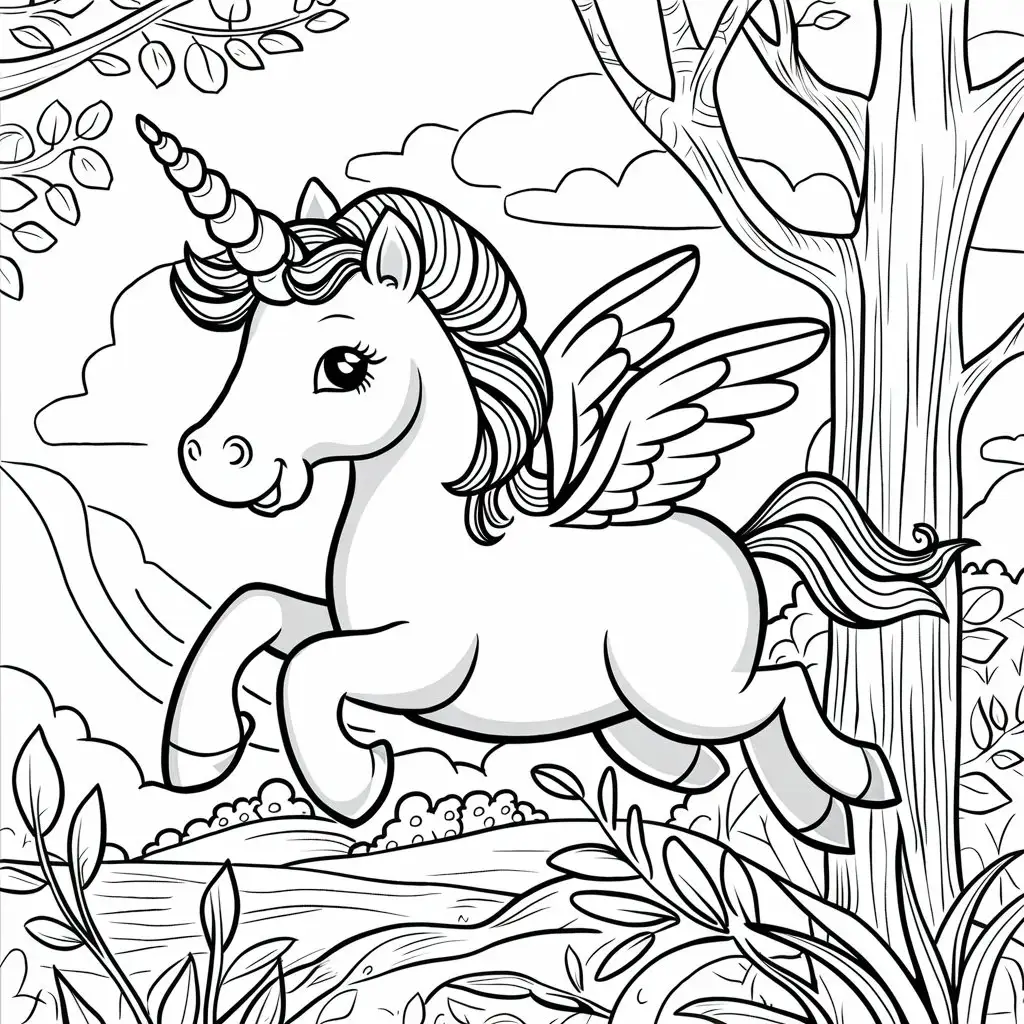 draw a magic unicorn flying over the forest, Walt Disney style, no colors, only white for coloring book. design must be suitable for children, use thick black lines, dominant color must be white, v2