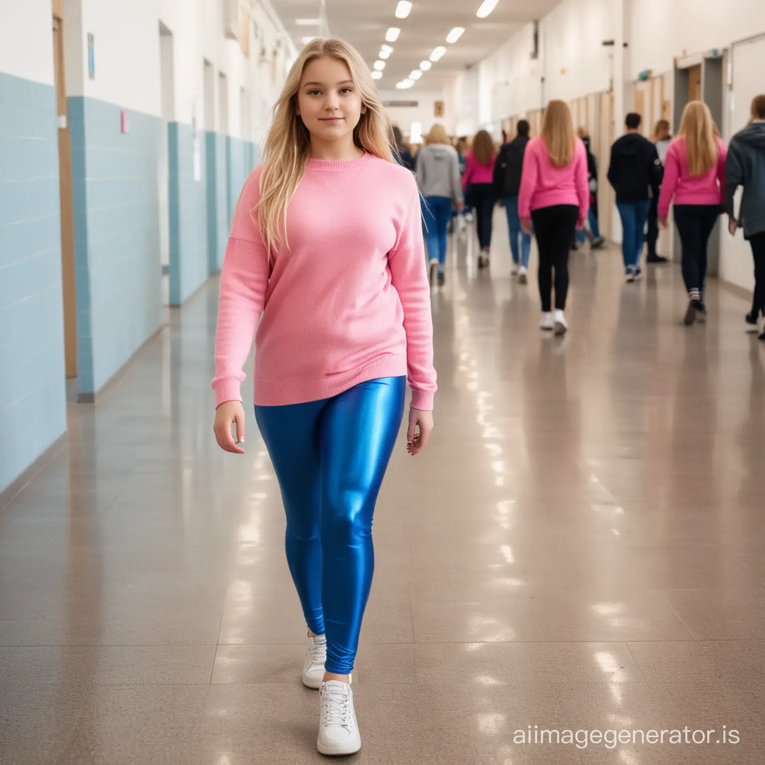 thirteen years old curvy girl in shiny blue leggings and pink blue sweater with blonde hair walking in crowded school hall