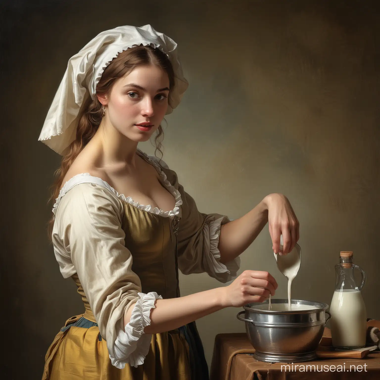Nude oil painting of a young stunningly beautiful woman portrayed as the famous milk maid from Dutch painter Vermeer with the hair cap and pouring the milk. Wide angle shot. In the style of Elisabeth Vigee Le Brun.