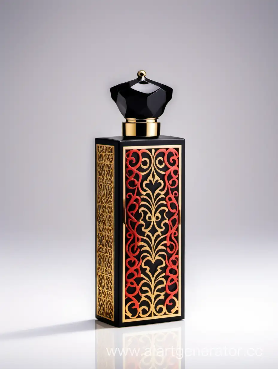 dark matt black and gold Red luxury perfume rectangle vertical box 75% lines with arabesque pattern on white background