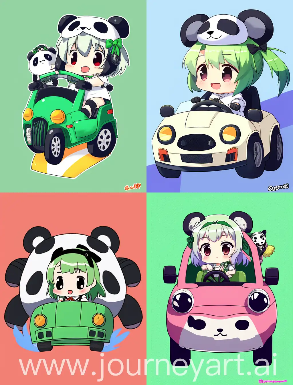 chibi girl driving a car with a panda, green solid background