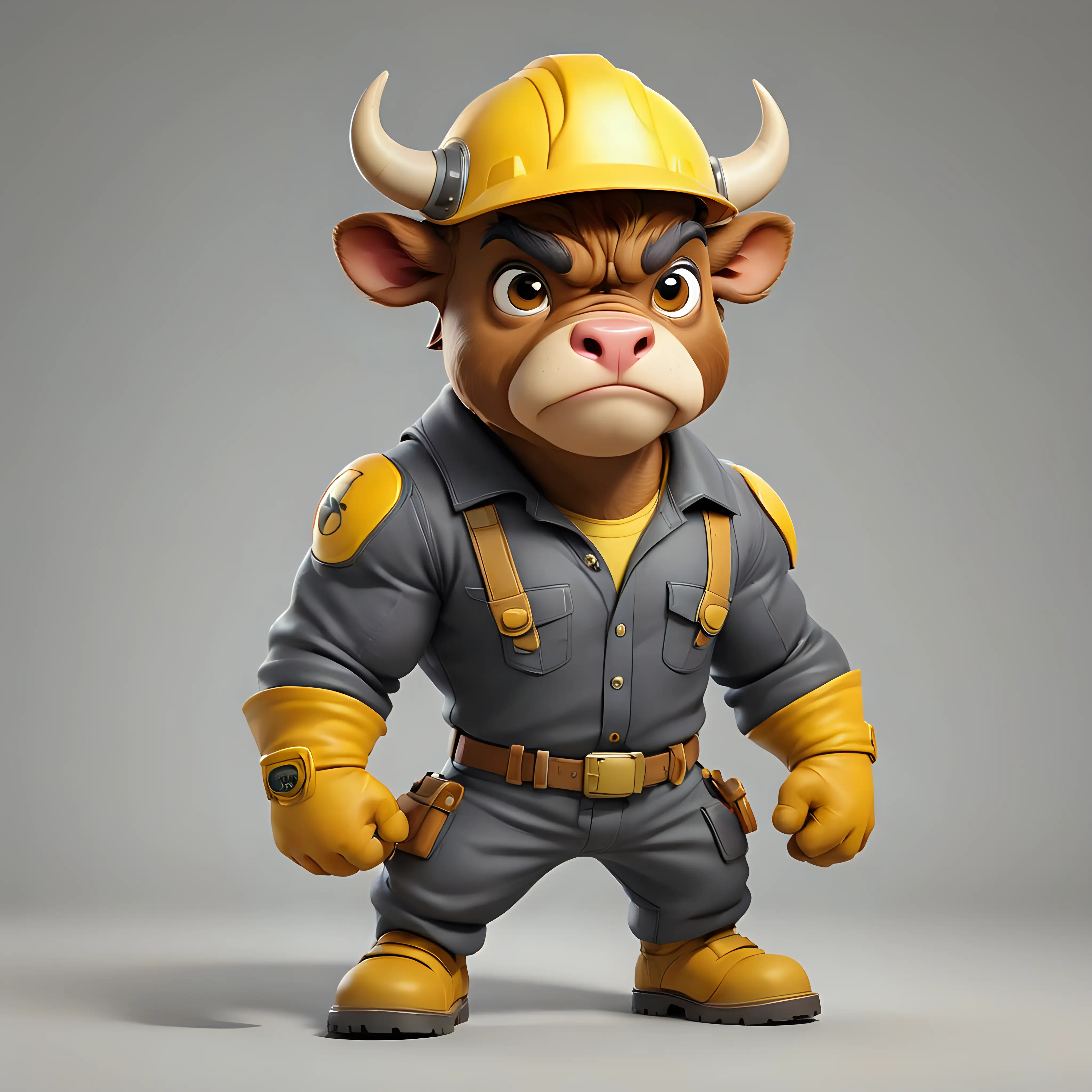 a bull, cartoon style, full body, big eyes, Engineer clothes with yellow helmet, clear background