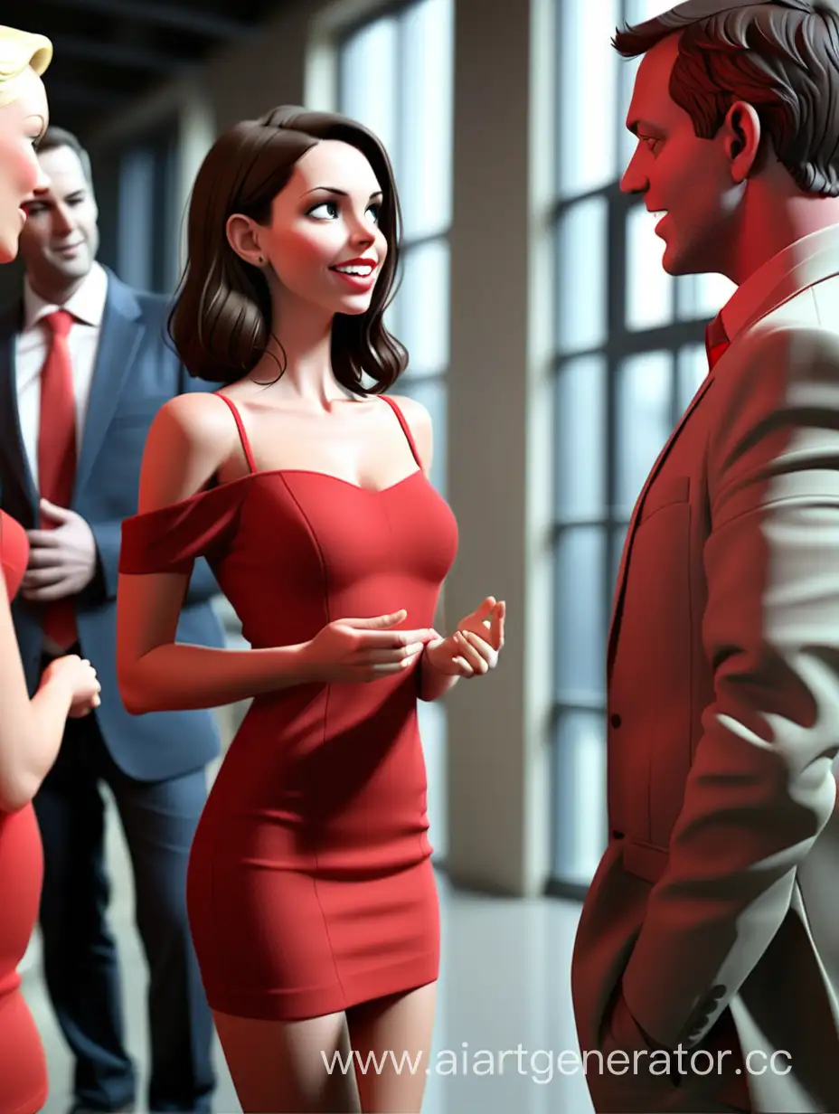 Брюнетка в красном коротком платье с открытыми плечами. Разговаривает с мужчиной на мероприятии в здании
