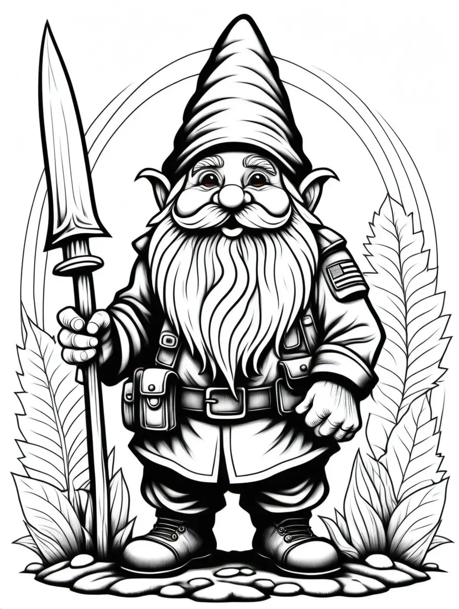 Army Gnome Coloring Page for Adults with Bold Dark Lines