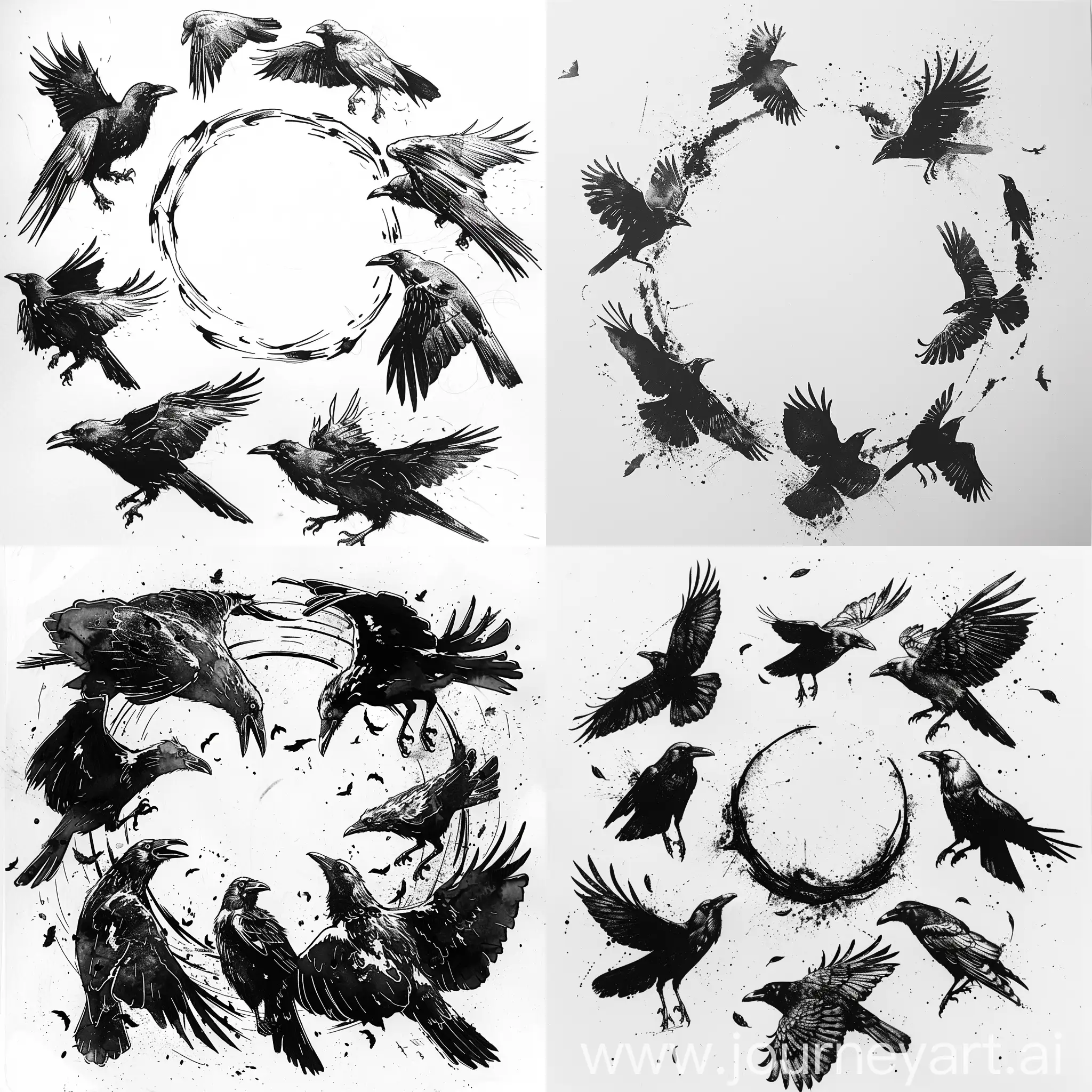 composition rhythm, ink!, monochrome, line art,crows circling in a ring,