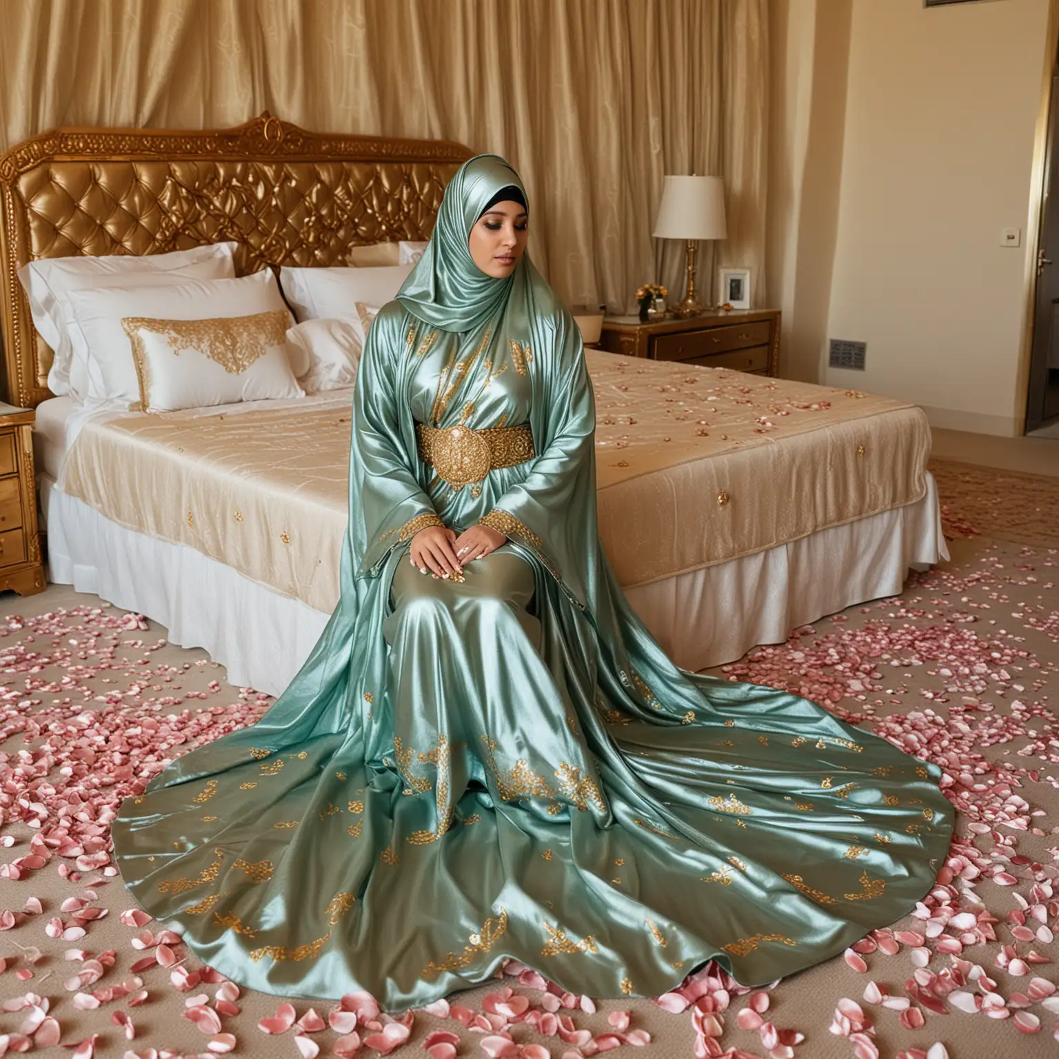 2004 candid flash photography, 28mm f/32 iso 100 ultra-high-def, shot on Canon EOS-1D Mark IV style. Brightly lit Summer in the Presidential Suite of a 7-star Dubai Hotel. A pregnant Arab princess walking in, ornately decorated, is bowing in shame and is wearing a teal shimmer metallic loose flowy liquid satiny lamé abaya with the glossy slinky fabric covering her from head to toe and a metallic niqab and big angel sleeves, no gloves, lots of bangles. Wearing expensive gold jewellery. Wearing patent leather 5-inch stilettos. Servant girls are laying thousands of rose petals on the floor