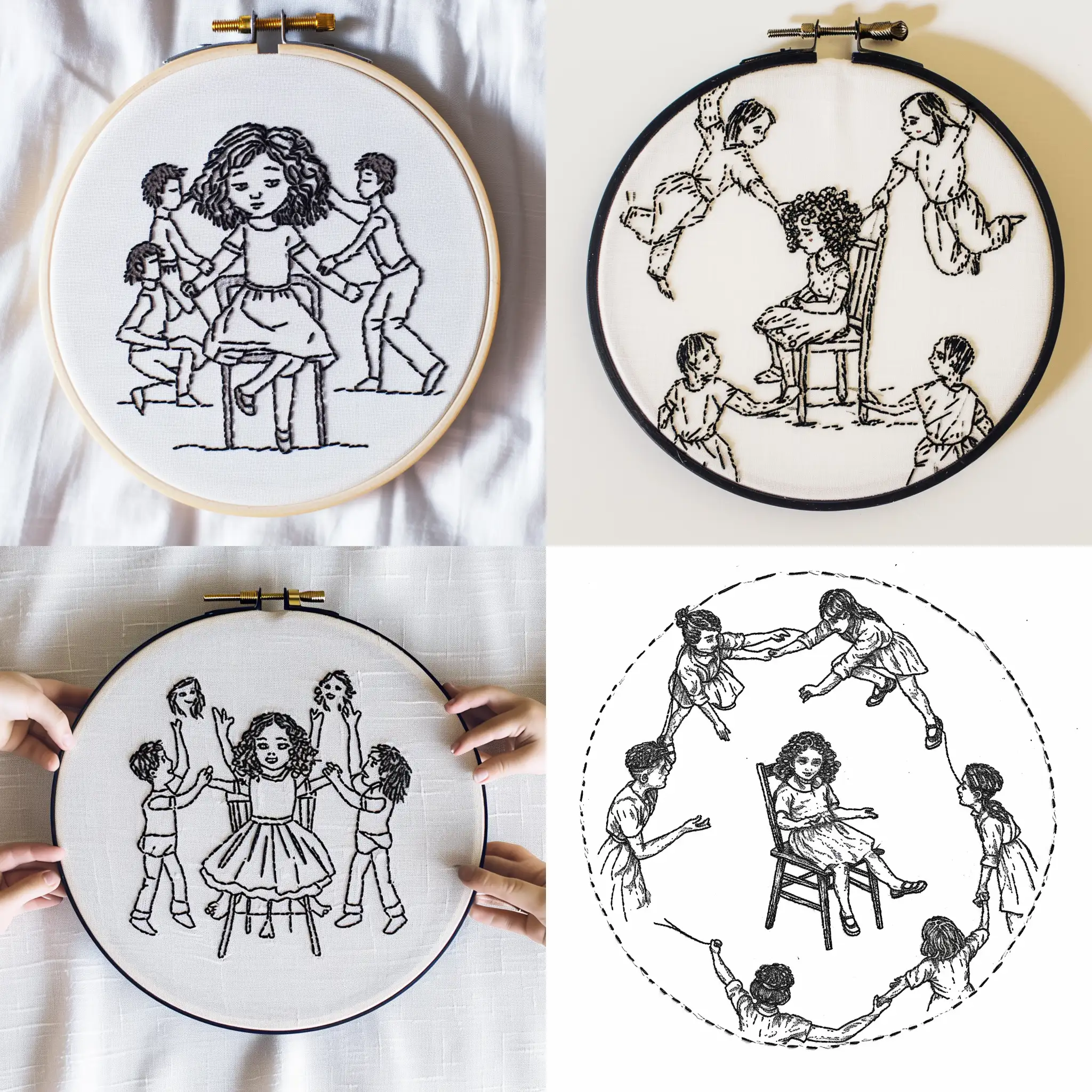 A simple, single-thread embroidery template of a  young girl with curly hair sitting on a chair that is being lifted up in a horah dance, by four people, who are dancing in a circle around her. The embroidery should only rely on a single, unbroken thread. It should be a very minimalist pattern. 