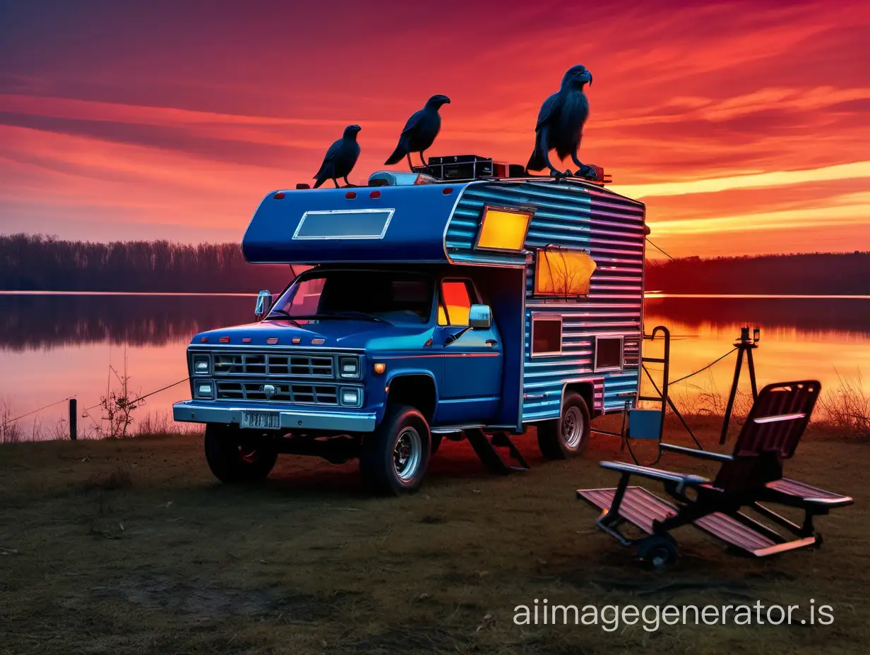 camper truck, vintage, very muddy, bigfoot wheels, red and blue color, pop-up roof, TV antenna, lake in the background, red sunset, birds in the sky