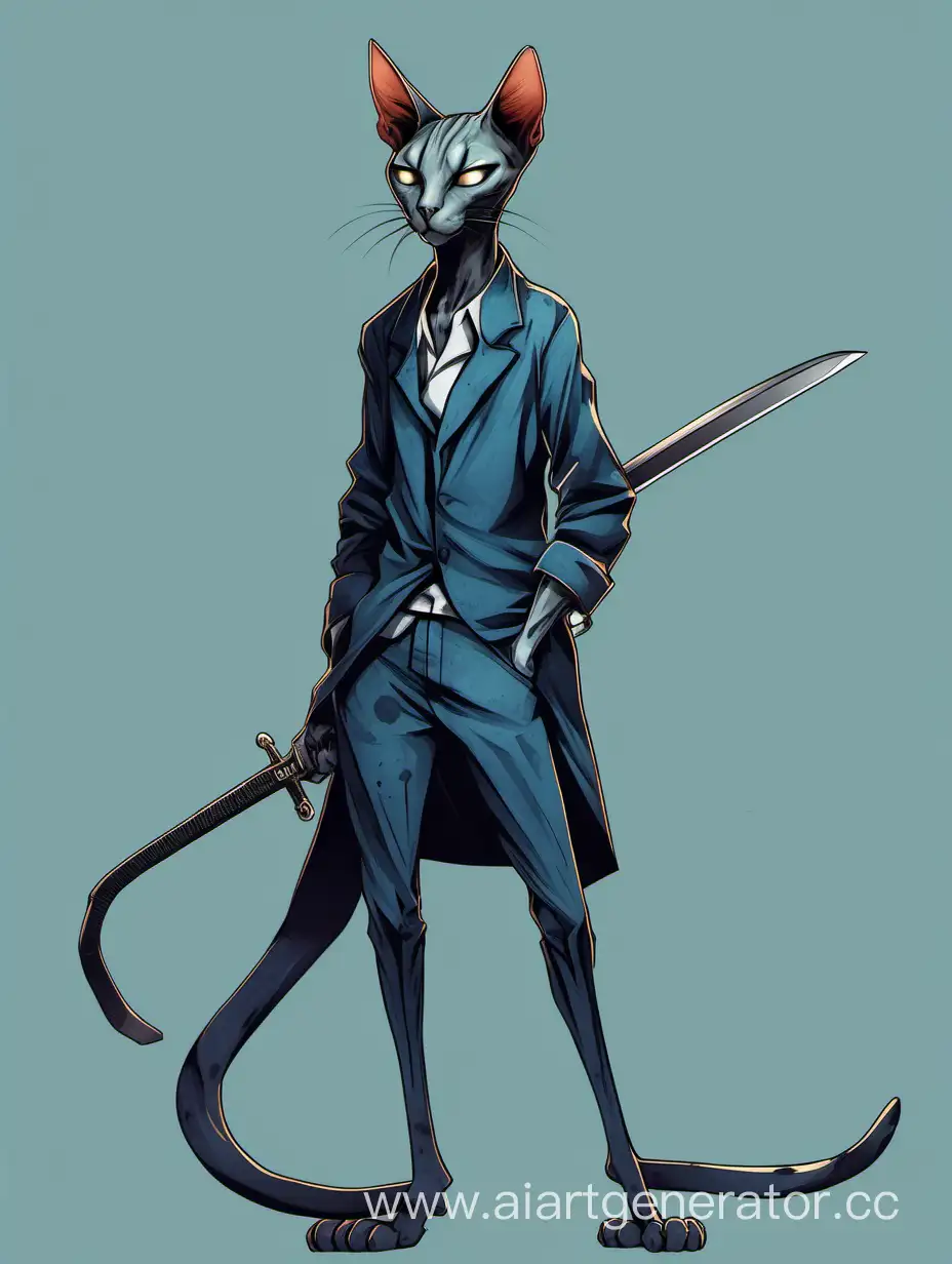 Tall, skinny short-haired Oriental cat with large ears and a stumpy tail, dark in colour and with burn scars on her face and arms. In plain clothes in the manner of a mercenary with a sword in shades of blue. A very tired face.