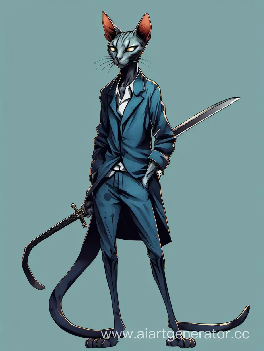 Oriental-Feline-Mercenary-with-Battle-Scars-in-Blue-Attire