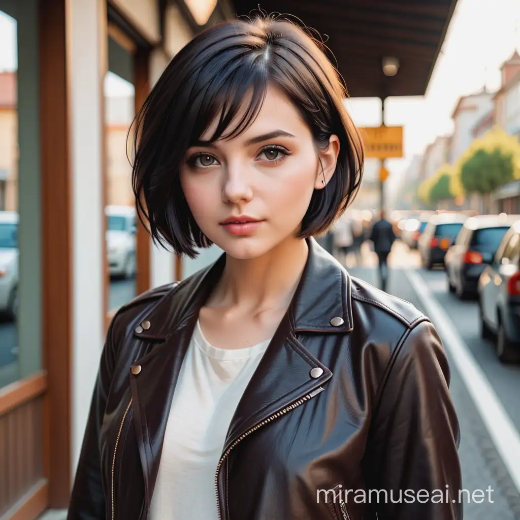 A young and beautiful woman with short dark bob hair and a leather jacket
