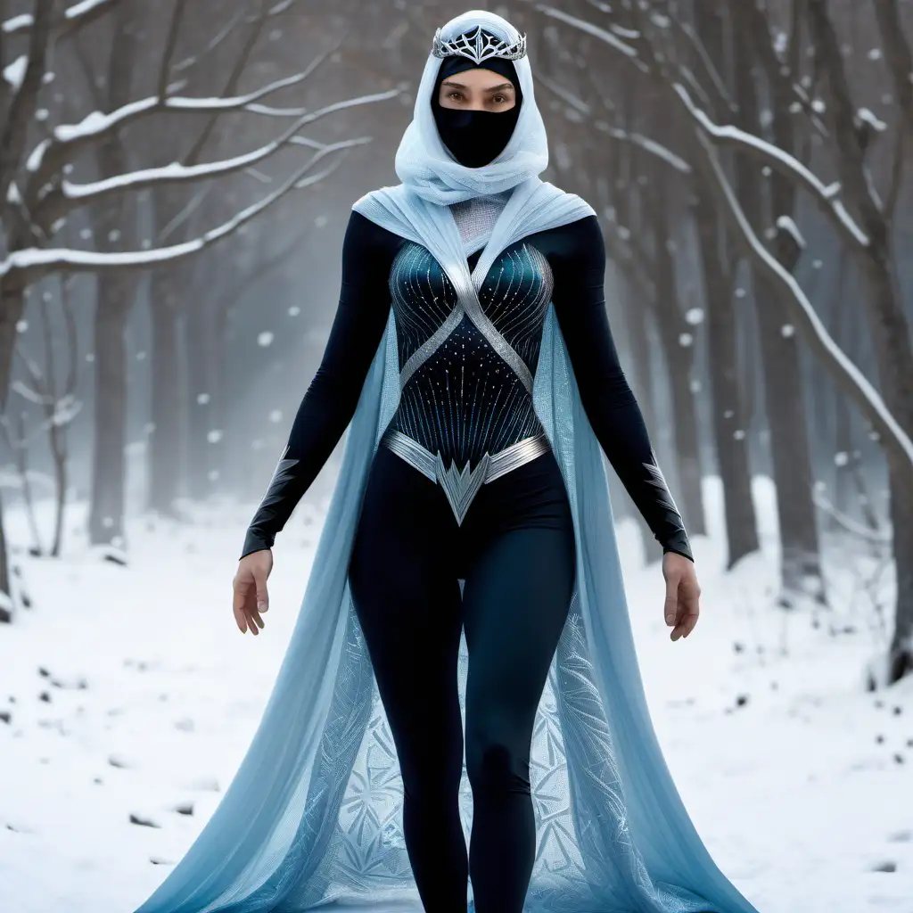 Gal Gadot wearing snow queen elsa dress, leggings, spandex niqab, realistic, cinematic