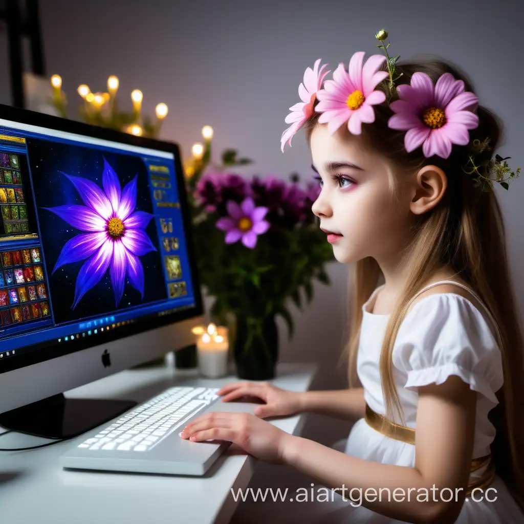 Красивая молодая девушка играет за компьютером в world of warcraft, девушка-цветок, комната украшена цветами космея