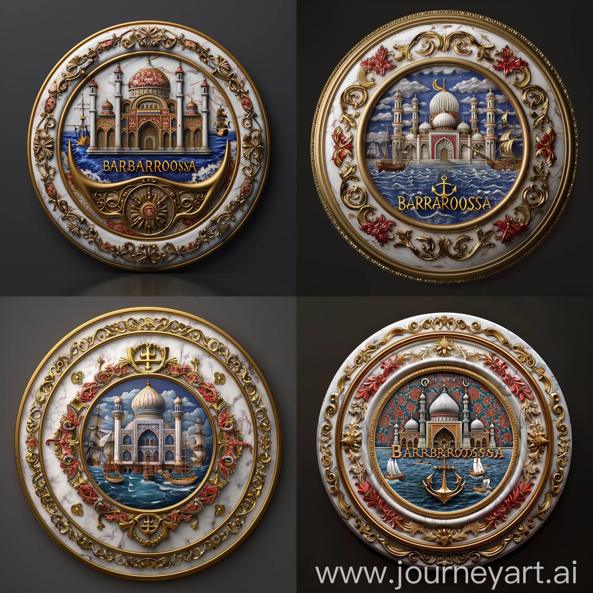 "BARBAROSSA" written on a Round white marbled porcelain pirates medallion, depicting Persian mosque beyond sea with ships, Symmetric front perspective, solid red blue Persian floral design and golden arabesque embossed on white marbled border, 3d Naval symbols, shiny gold framed, 3d pirates styled medallion --sref https://cdn.discordapp.com/attachments/1213041174428782623/1221545440881672252/image_9jnnmm.png?ex=662ea758&is=661c3258&hm=64547b1a711bc0e60d7bed72683f5b3f279c27c147cb59ae86a08f55b02a7243& --sw 1000