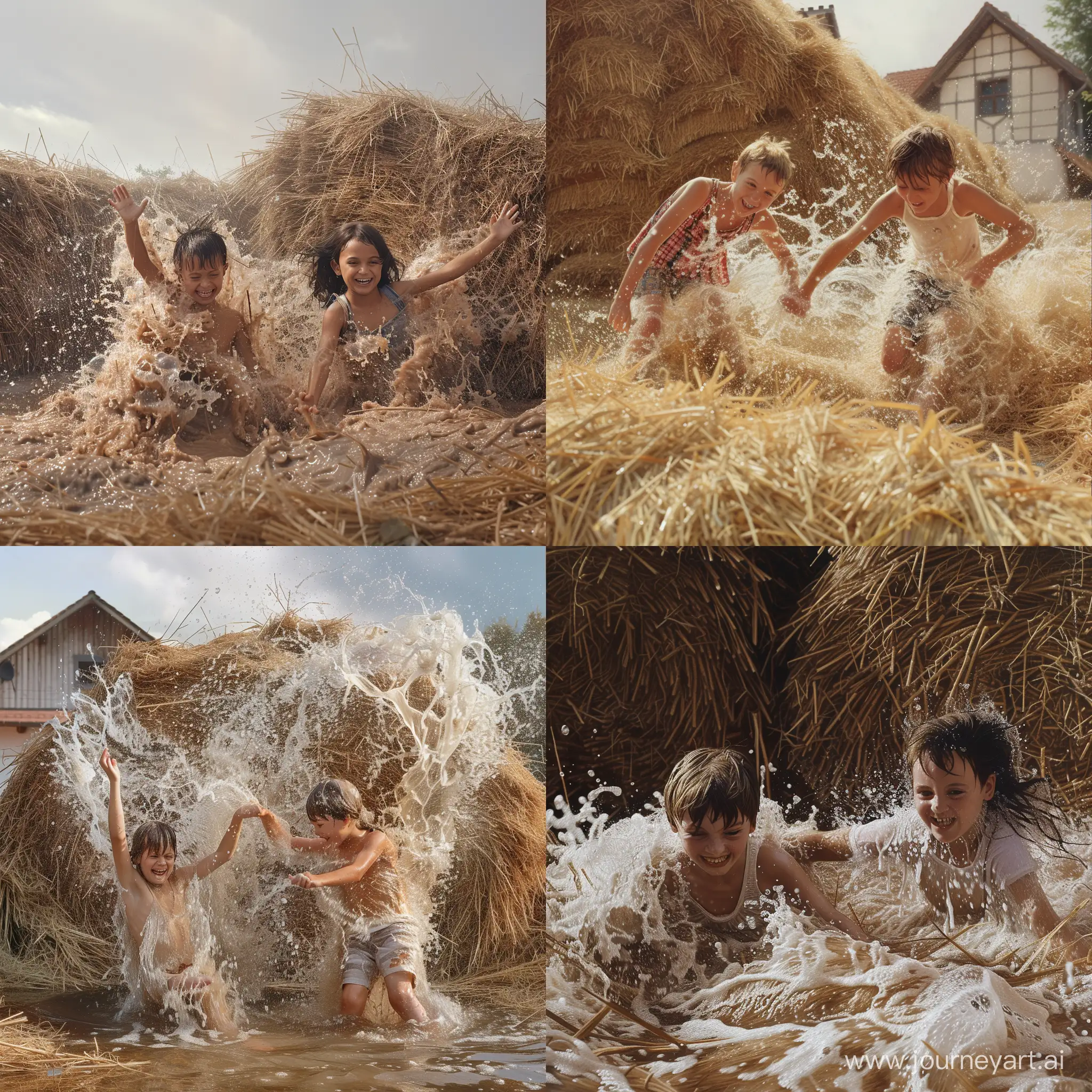 Мальчик и девочка играют, резвятся и барахтаются в огромном стоге сена в деревне, фотография, гиперреализм, высокое разрешение
