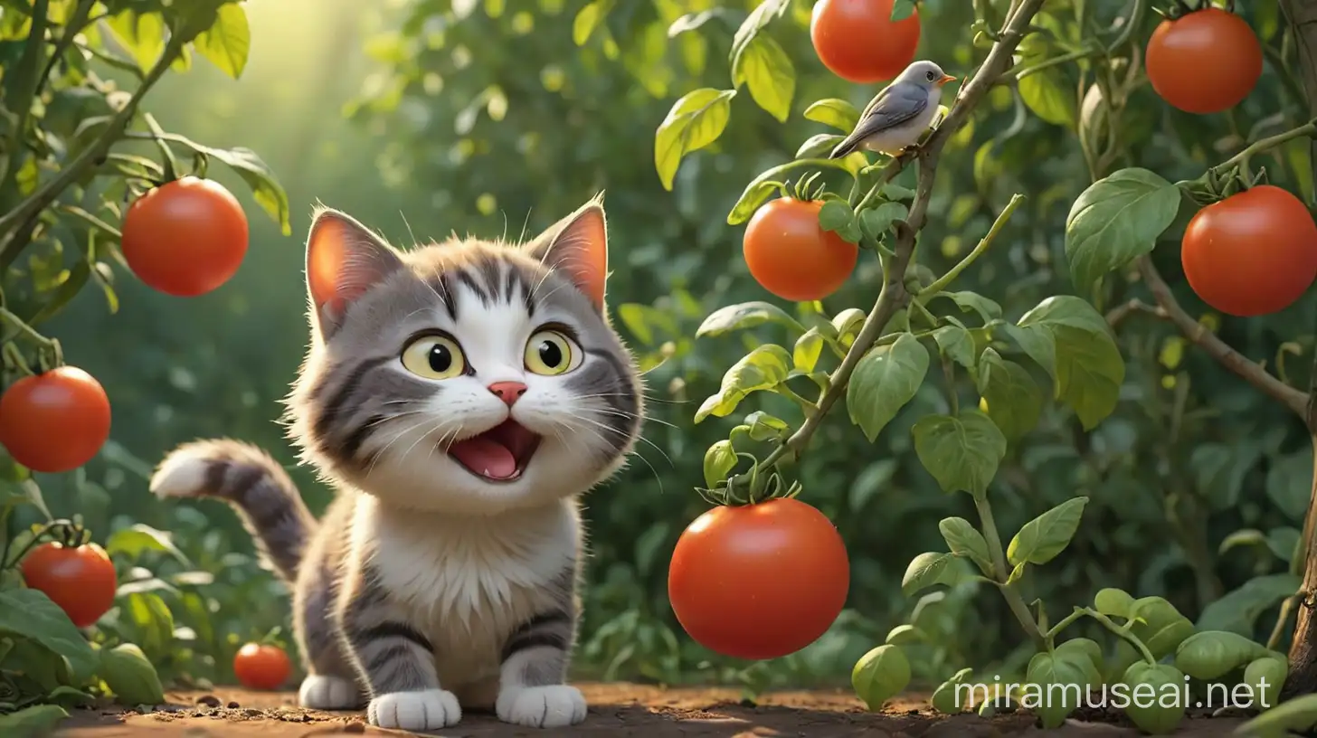 小猫咪在动漫花园里，摘了一颗西红柿，丢向一只正在树上睡觉的小鸟，结果西红柿反弹回小猫咪的头上，搞笑场景，早晨，正常光