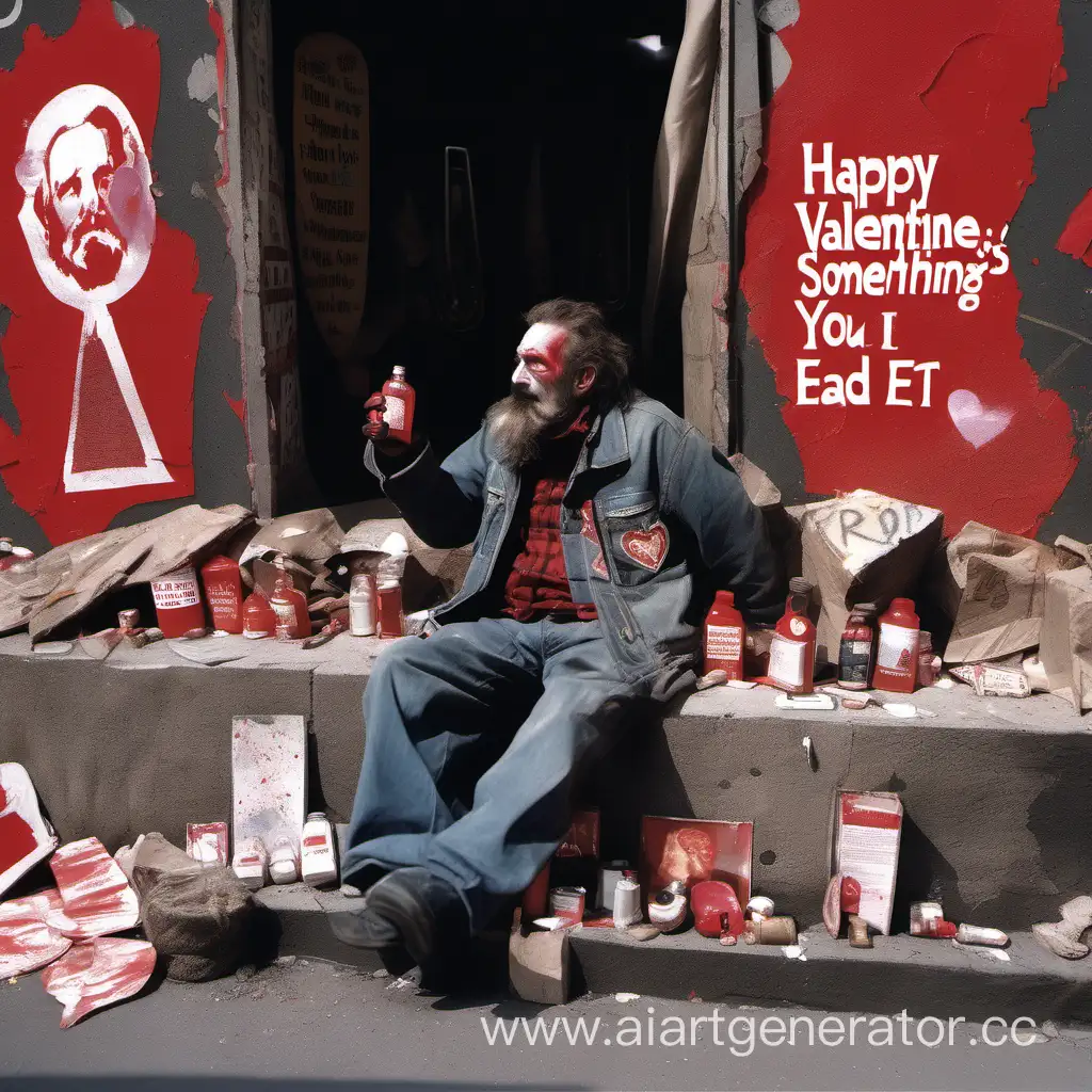 a homeless person from the ruble street, sitting on a piece of cardboard, waving with one hand, and in the other holding a bottle with the word “moonshine” written on it. He is wearing a torn denim jacket with USSR symbols. Next to him stands a small bust of Stalin made of plaster, on which a sign of anarchy is painted in red paint.
above the Siphon there is a text window in which it is written "Happy Valentine's Day, Beard, I brought you something to eat"