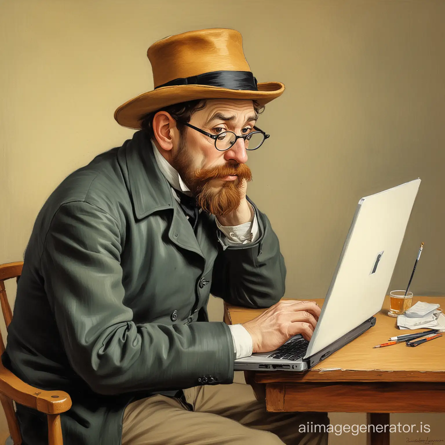 a caricature depicting the painter toulouse lautrec using a laptop