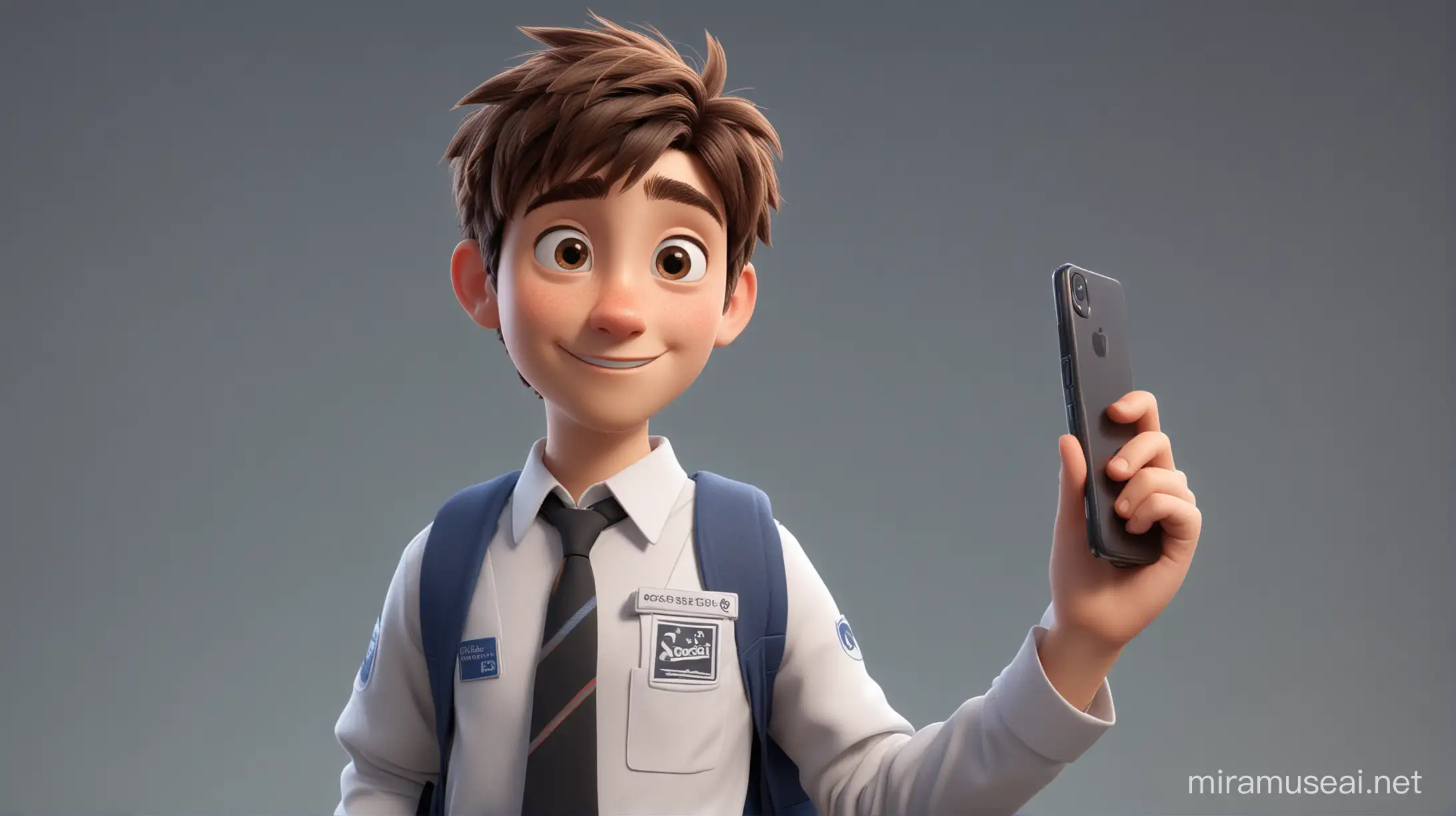  A 3D student character in school uniform working on a mobile phone and pointing to the right
Cinematics and Pixar