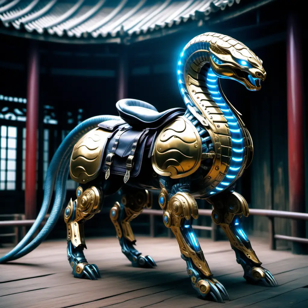 beautiful stable of magical japanese cobra cybernetic cyberpunk style armored mount with a satle sitting in a beautiful stable for only the most magical in the heavens of the journey to the west novels in the style of a video game