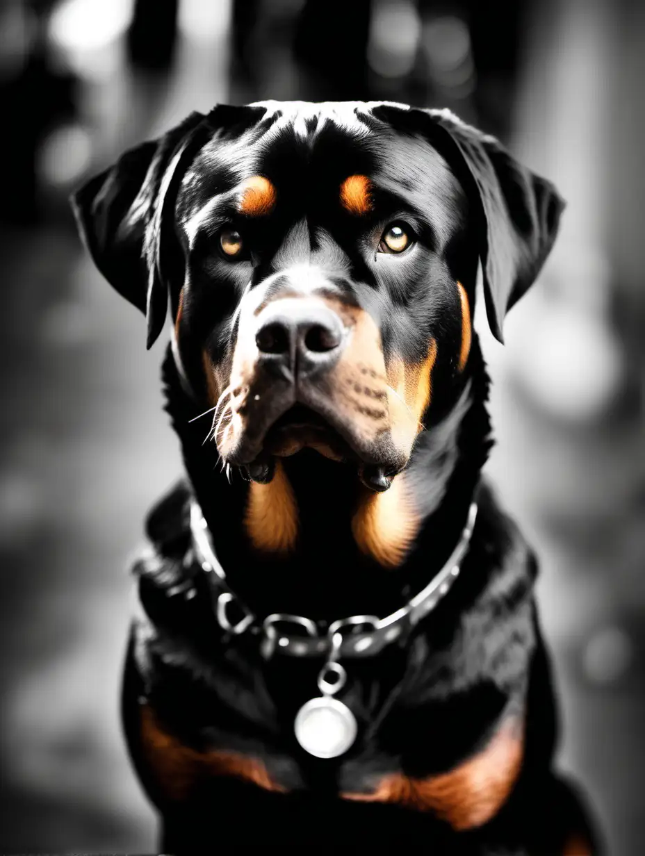 Serious looking Rottweiler looking at the camera
light comes from the left
black and white theme 
the rotwieller takes most of the picture