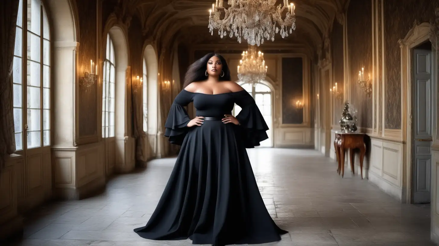 Elegant Black Plus Size Model in Flared Black Dress Winter Castle  Photoshoot