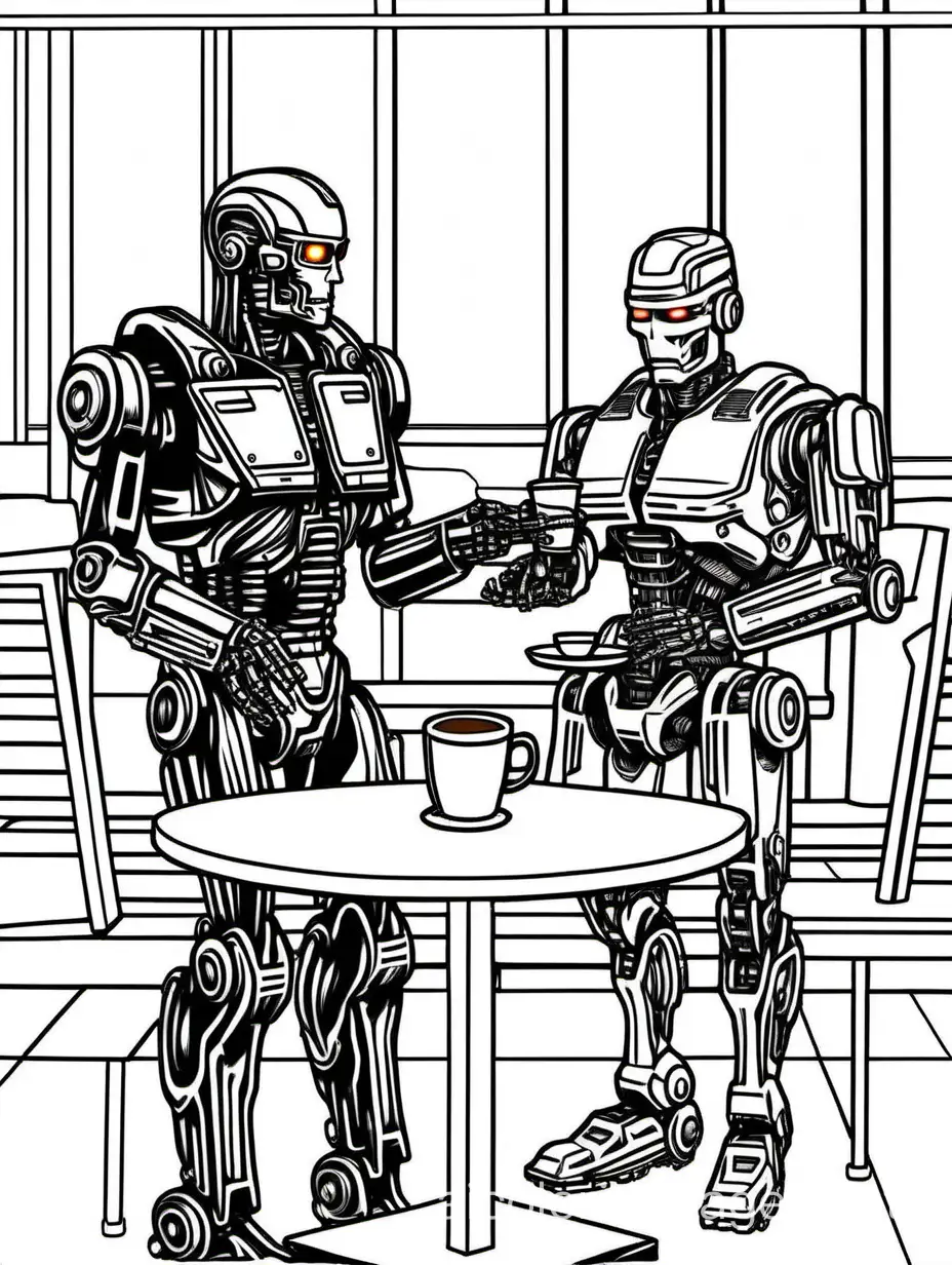 terminator and robocop having a coffee in cafe, Coloring Page, black and white, line art, white background, Simplicity, Ample White Space. The background of the coloring page is plain white to make it easy for young children to color within the lines. The outlines of all the subjects are easy to distinguish, making it simple for kids to color without too much difficulty