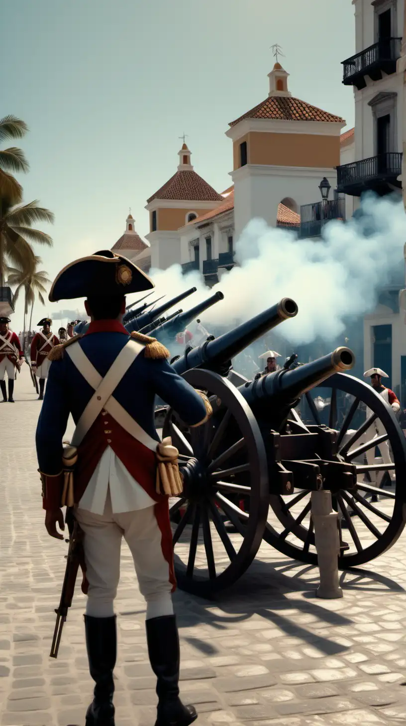 Soldados españoles en las calles de Cartagena de indias, disparando cañones hacia unos barcos,siglo XVIII, imagen ultra realista, iluminación cinemática, alta definición, 8k 