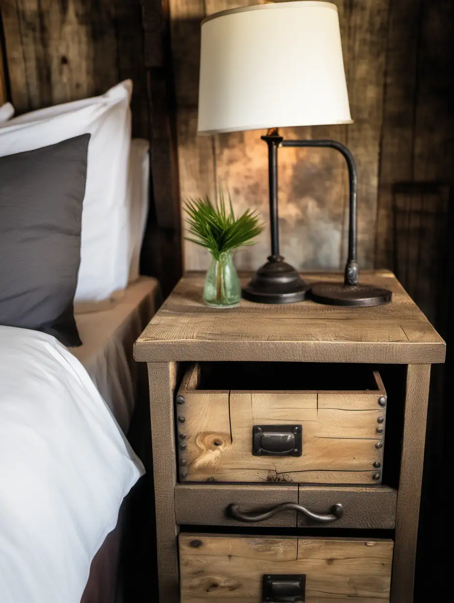 Rustic old money hotel bedside table up close