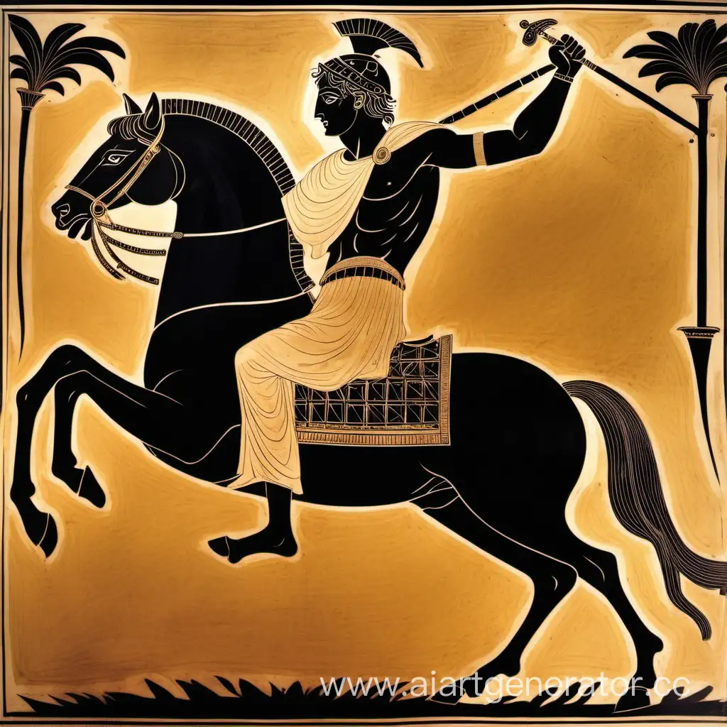 Alexander the Great fell off his bucephalus horse and farted in the style of a black-figure vase painting