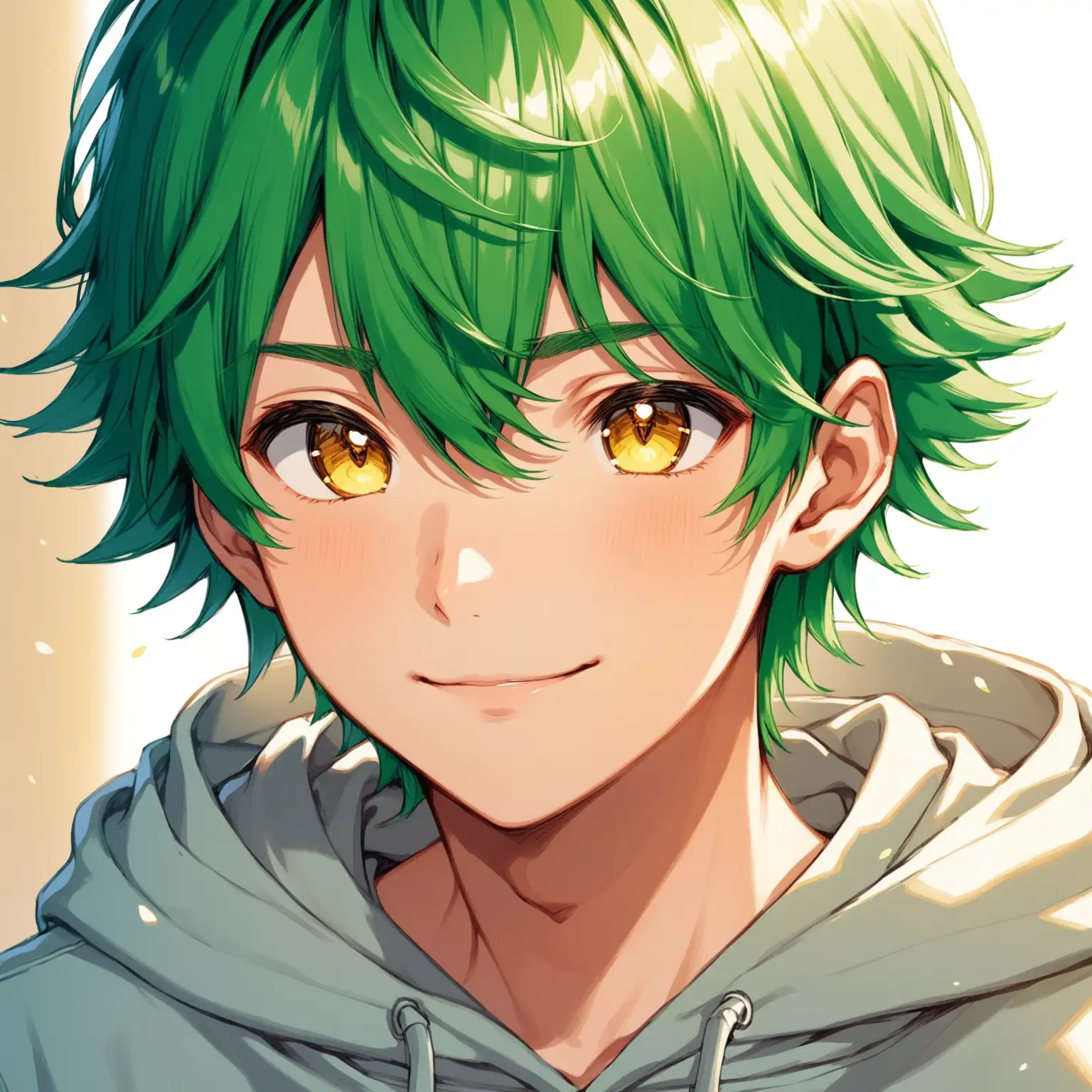Draw cute anime boy, high quality, close up, natural lighting, hoodie, wavy green hair, gold eyes, closed-lip smile