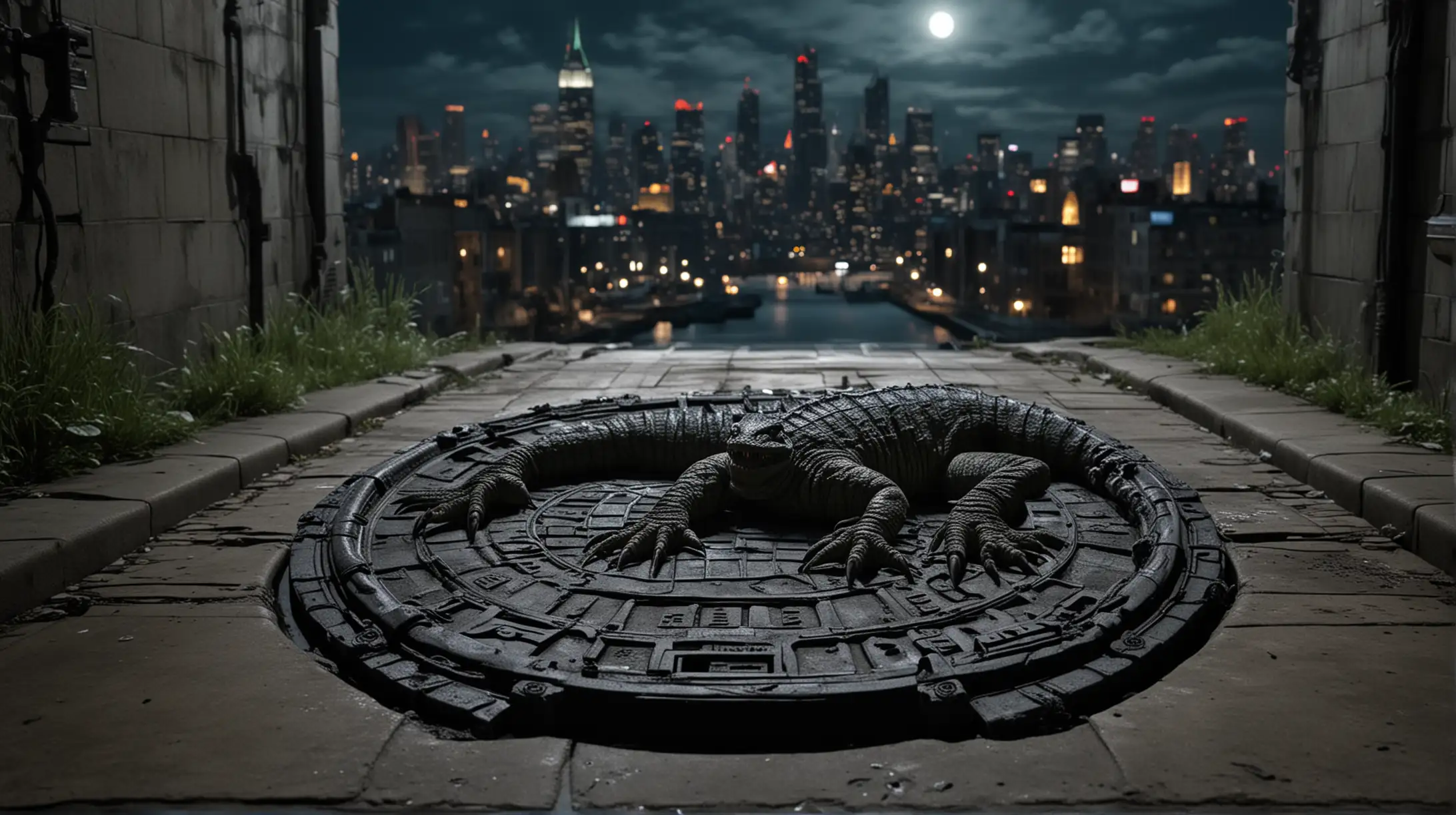a mutant reptile hand grips the inside of a sewer cover with the city in the backdrop at night
