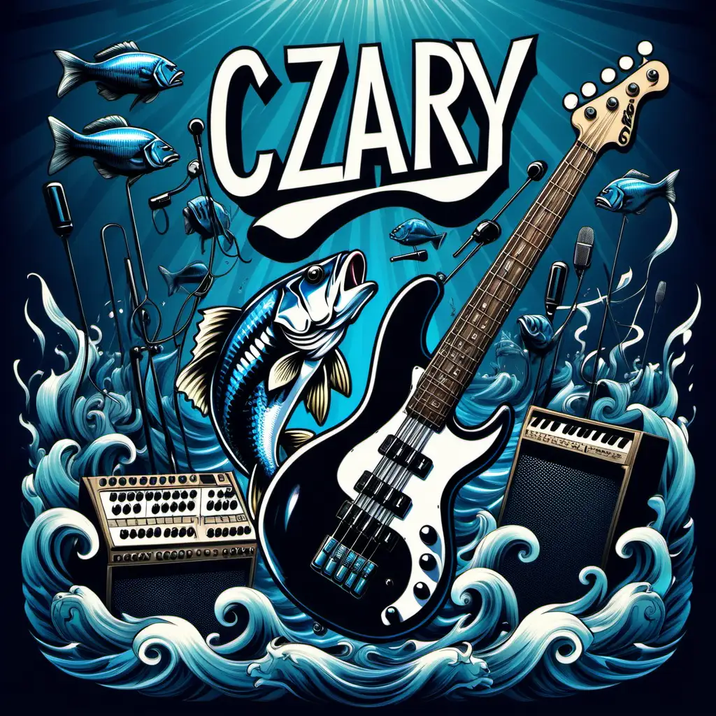 Graphics with the sea, a bass guitar, a stand with a microphone, an organ, drums and the inscription "CZARY" in blue and black should create a dynamic and coherent cover.