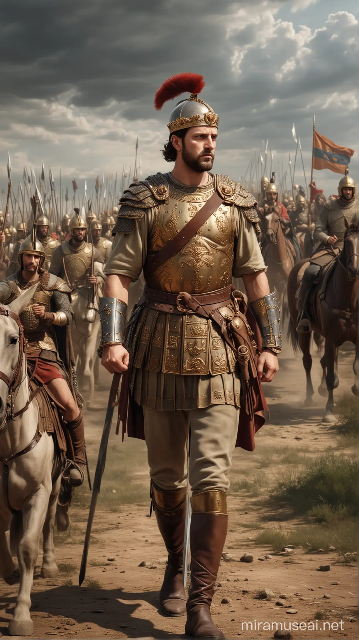Visual representation of Philip II, King of Macedonia, depicted in battle or strategizing military campaigns, showcasing his role as a dominant figure in Alexander's early life. hyperrealistic