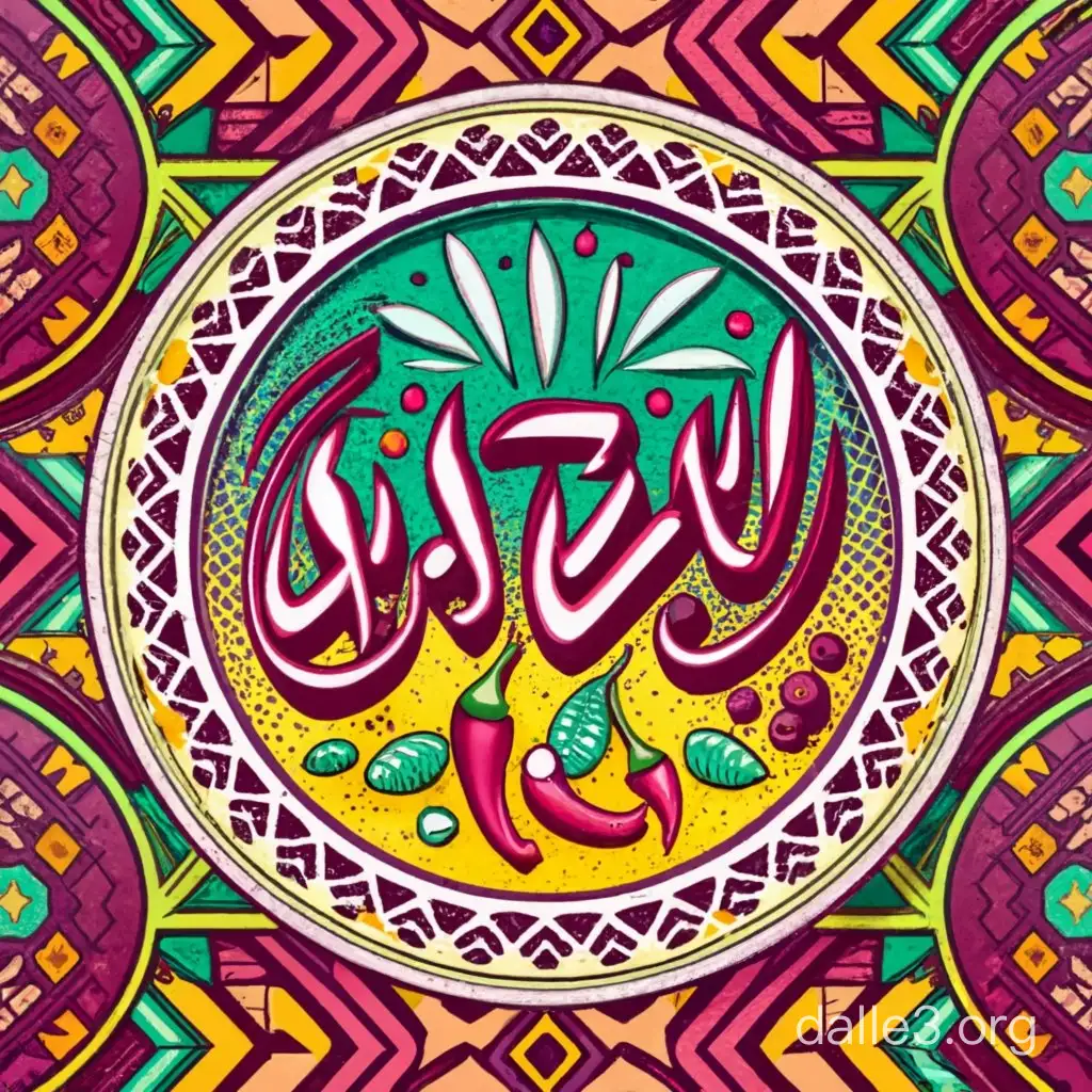 Concept: Vibrant Sudanese plate illustration with Arabic calligraphy of "طبق"  Style:  Flat vector illustration: Clean lines and bold shapes, reminiscent of vintage travel posters. Sudanese folk art inspiration: Incorporate geometric patterns and motifs commonly found in Sudanese textiles and pottery. Gradient color palette: Use red, green, yellow, and purple in smooth gradients within the plate design. Elements:  Central focus: A colorful, stylized Sudanese plate showcasing various spices (chili peppers, cardamom, turmeric, fenugreek). Each spice section can use one of the primary colors from your palette. Arabic calligraphy: Integrate the word "طبق" in flowing and elegant Arabic calligraphy within the plate design. Consider using white or gold as the calligraphy color for contrast. Optional accents: You can add subtle background elements like traditional Sudanese patterns or a faint silhouette of a market scene to enhance the cultural feel. Additional notes:  Play with different positions and arrangements of the plate and calligraphy to achieve a balanced and harmonious composition. Consider using a textured brush effect or subtle gradients within the plate illustration to add depth and dimension. Experiment with different fonts for the Arabic calligraphy to find one that complements the overall style and legibility.