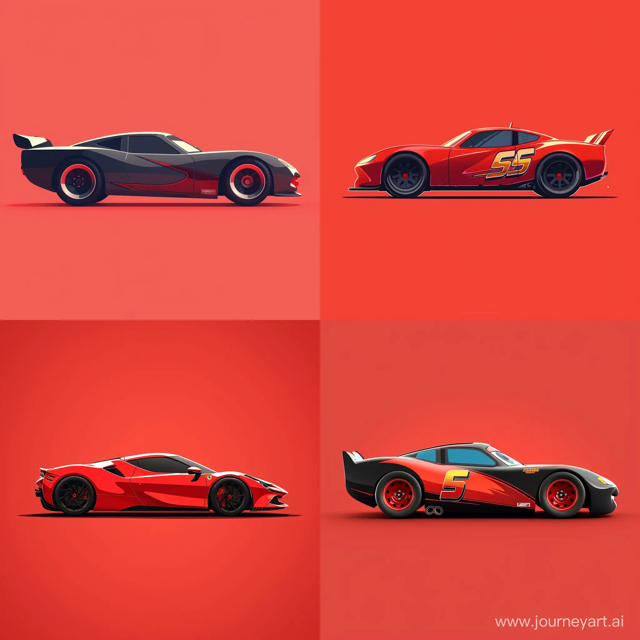 Minimal 2d Illustration Style, McQueen Car on Simple Red Background, Side View, Best Quality, High Precision