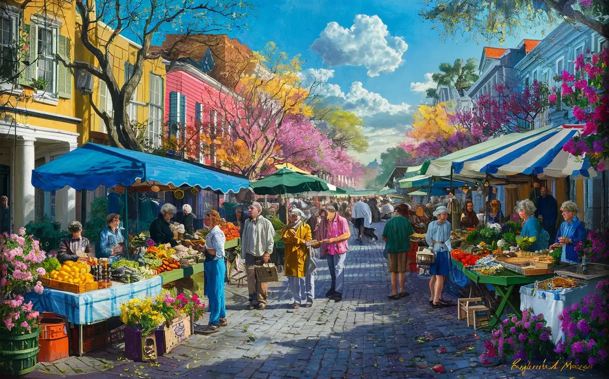 Create an image that captures a bustling outdoor market on a Spring day in Charleston, South Carolina, in the style of Reginald Marsh. The scene is alive with vibrant colors and bustling activity. The setting is a historic street lined with Charleston's well-known pastel-colored houses and blooming azaleas. The market is crowded with vendors selling a variety of goods—fresh produce, flowers, handmade crafts, and local art. Shoppers navigate the stalls, examining items, and interacting with the vendors. The atmosphere is lively and cheerful, with the sounds of conversation, laughter, and perhaps a street musician playing in the background adding to the ambiance. The sky is a clear blue, with just a few fluffy clouds, and the sun casts soft shadows, enhancing the depth and texture of the scene. Reginald Marsh's signature style—dynamic composition, emphasis on the figure, and a sense of movement—brings this outdoor market scene to life, capturing the essence of a vibrant community gathering on a beautiful Spring day in Charleston.