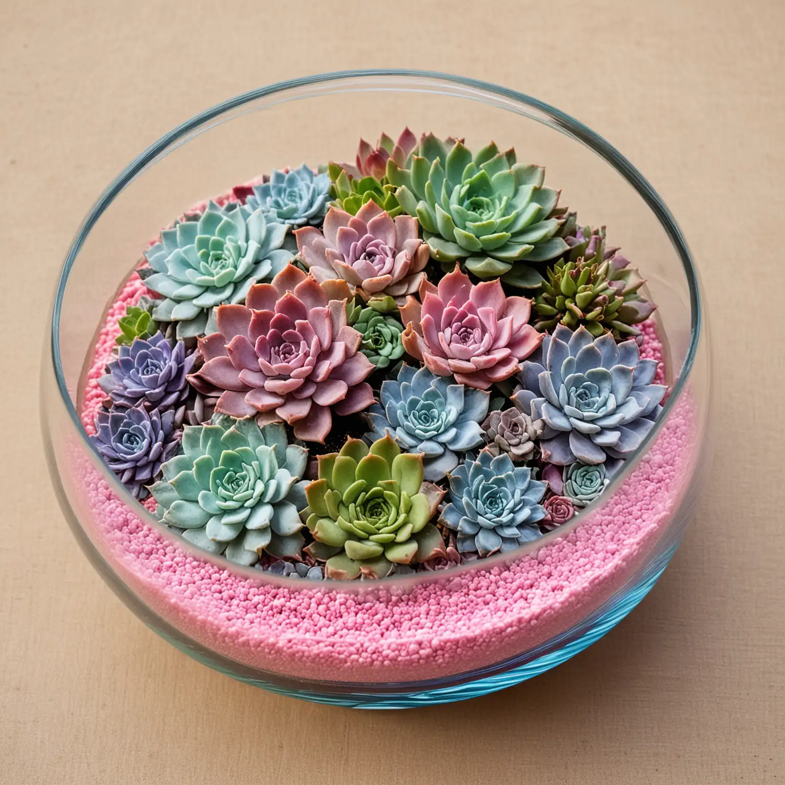 a succulent wedding centerpiece in a round  shallow disc shaped glass bowl vase with layers of bright colored sand in turquoise and purple and pink as the base