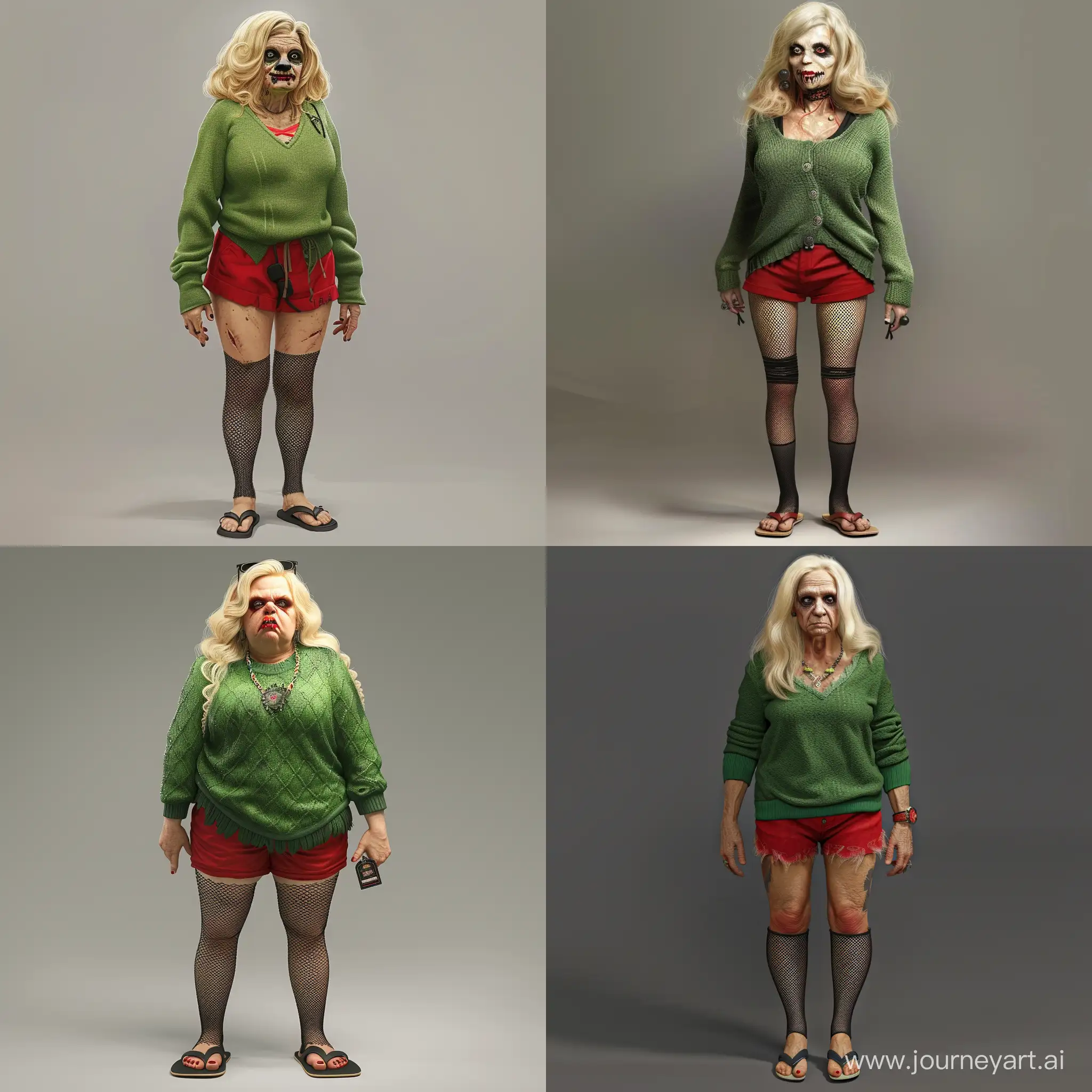 Crea una foto realistica di una donna sui 50 anni, vestita con un maglione verde, pantaloncini rossi, calze a rete nere e scarpe infradito. Un donna prosperosa con capelli biondi, pelle molto chiara e viso da nerd goth