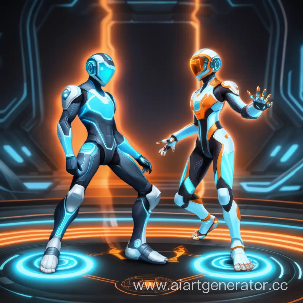 Two Game asset art similar to Tron but the players feet are large wheels and are in a fighter stance. One is glowing orange and the other blue