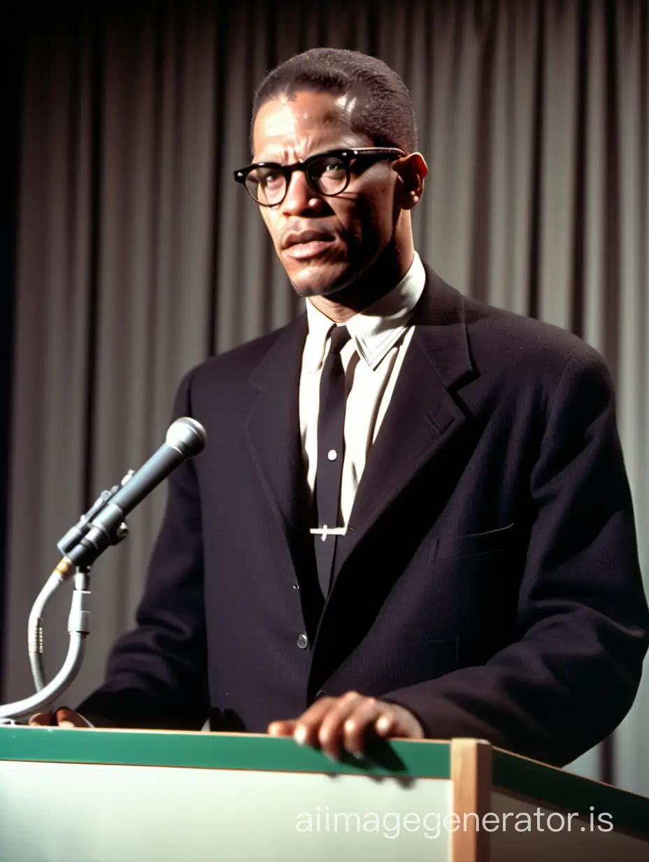 Malcolm X making a speech at lectern.  Colorized. Realistic image. Cinematic lighting. 8mm camera.