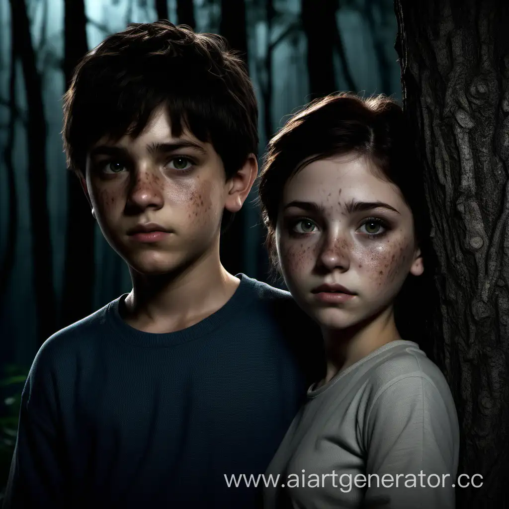 Create an image of the character below with these two characters: Landon and Lydia sit against a tree in a dark forest at night.

Lydia - an 18-year-old girl, who looks mature for her age and is in ragged clothes. Brown hair, pale skin, and many freckles 

Landon - a 19-year-old boy, with a distinguished feel, despite being in ragged clothes. hispanic boy with short  dark hair and piercing eyes