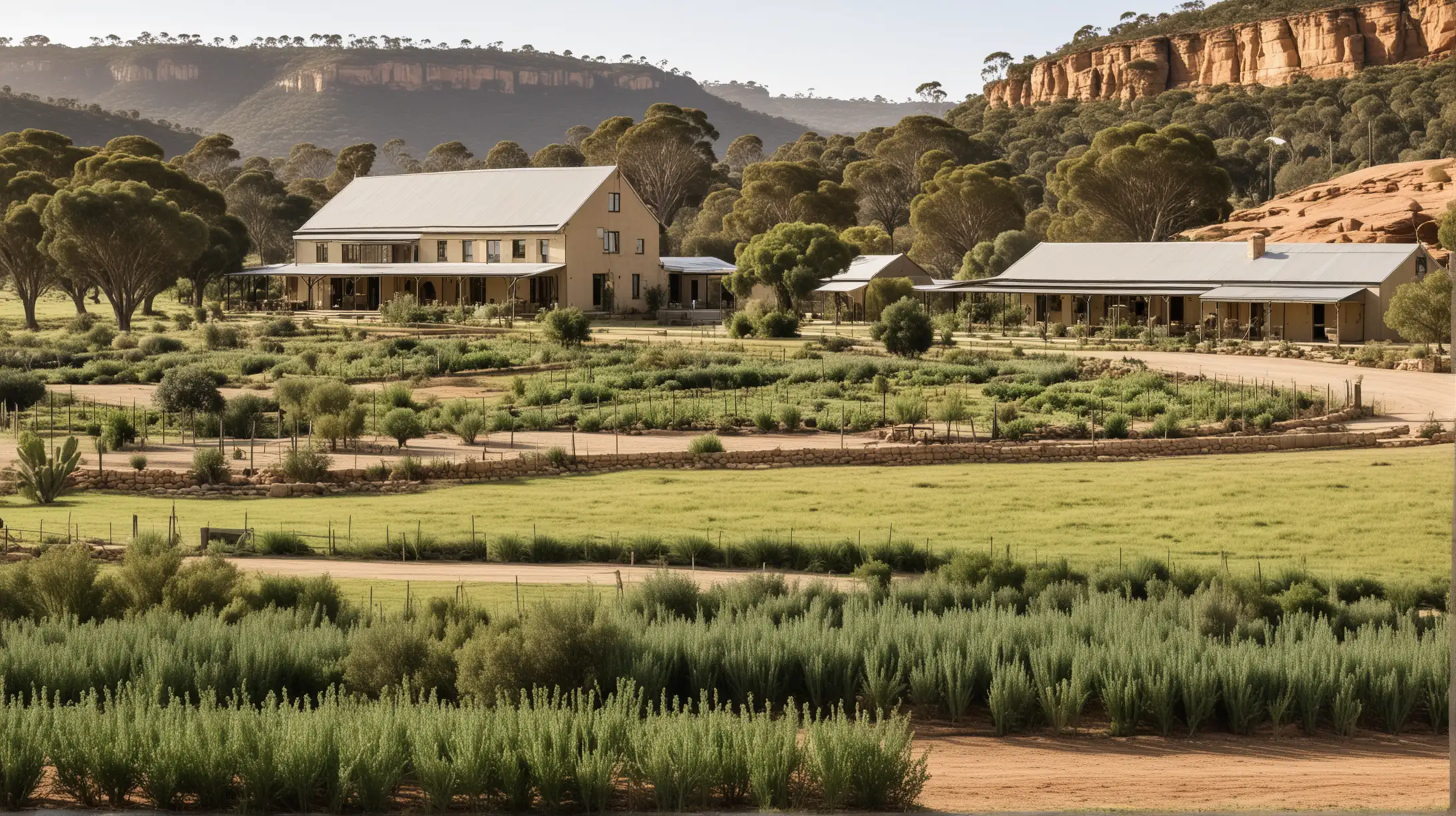 an organic community farm set on hectares of land with a 1900's Australian farmhouse in the background; sandstone, beige, black, olive green