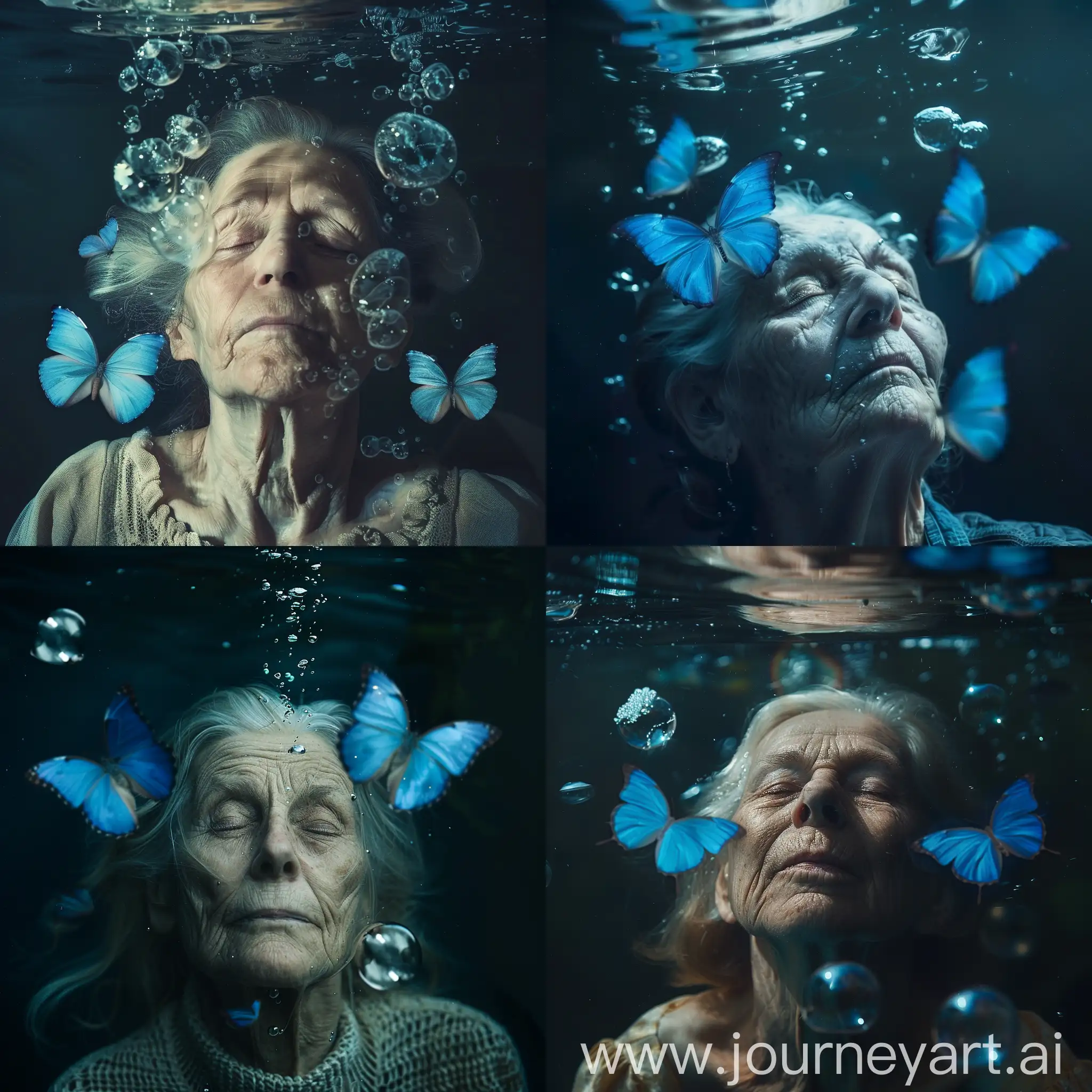A captivating cinematic image of an aged woman with eyes closed underwater, a few large bubbles, three blue butterflies