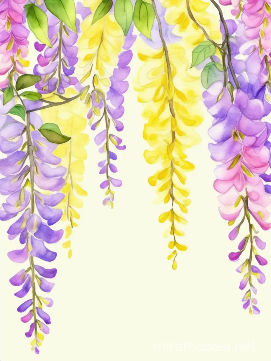 solid color background with bright Yellow, pastel Pink, and Cream wisteria hanging from the top. watercolor