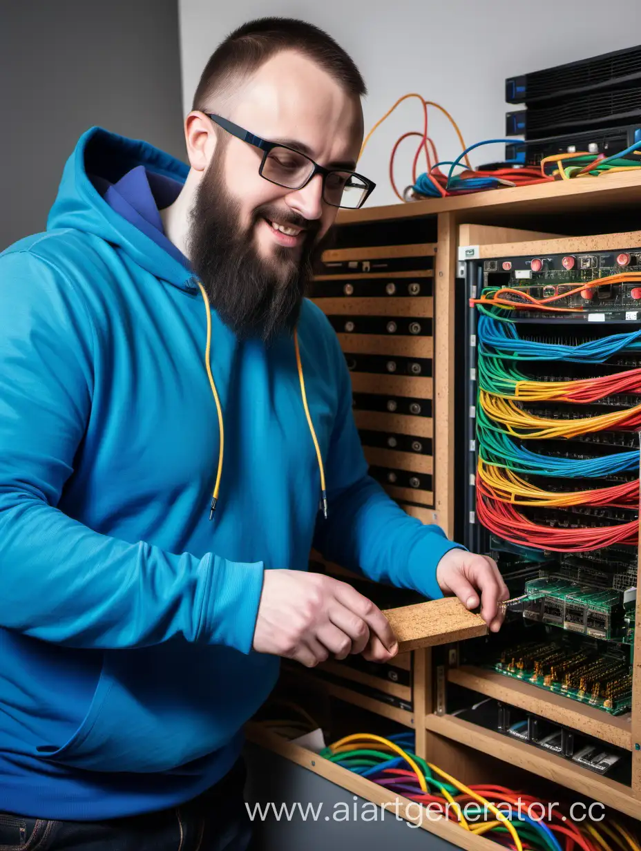 network administrator wearing a blue hoodie, beard, glasses, fixing a cork server which is enclosed in cork, rainbow coloured cables