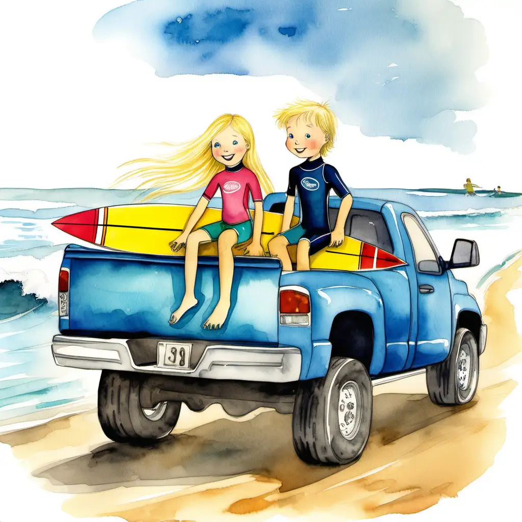 Children’s book, water color illustration, blonde girl and boy in wetsuits on back of pickup truck with surfboards
