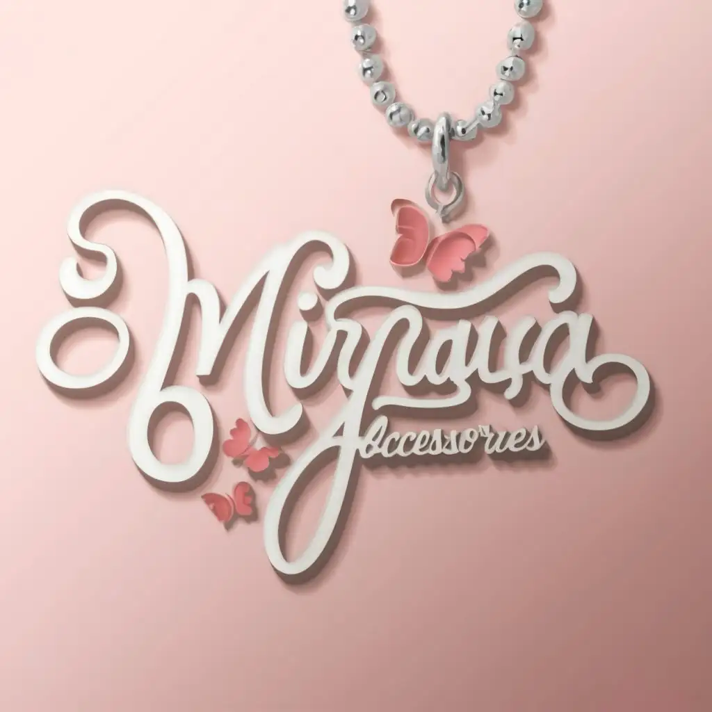 a logo design,with the text Mirnaya accessories, main symbol: Design a 3D logo for an Instagram business page titled Mirnaya Accessories, specializing in selling bracelets, earrings, and rings. The primary color scheme should include shades of pink and white, or solely pink. Key elements of the logo should feature the name Mirnaya Accessories in a feminine font, alongside representations of the accessories with heart and butterfly. Minimalistic,clear background