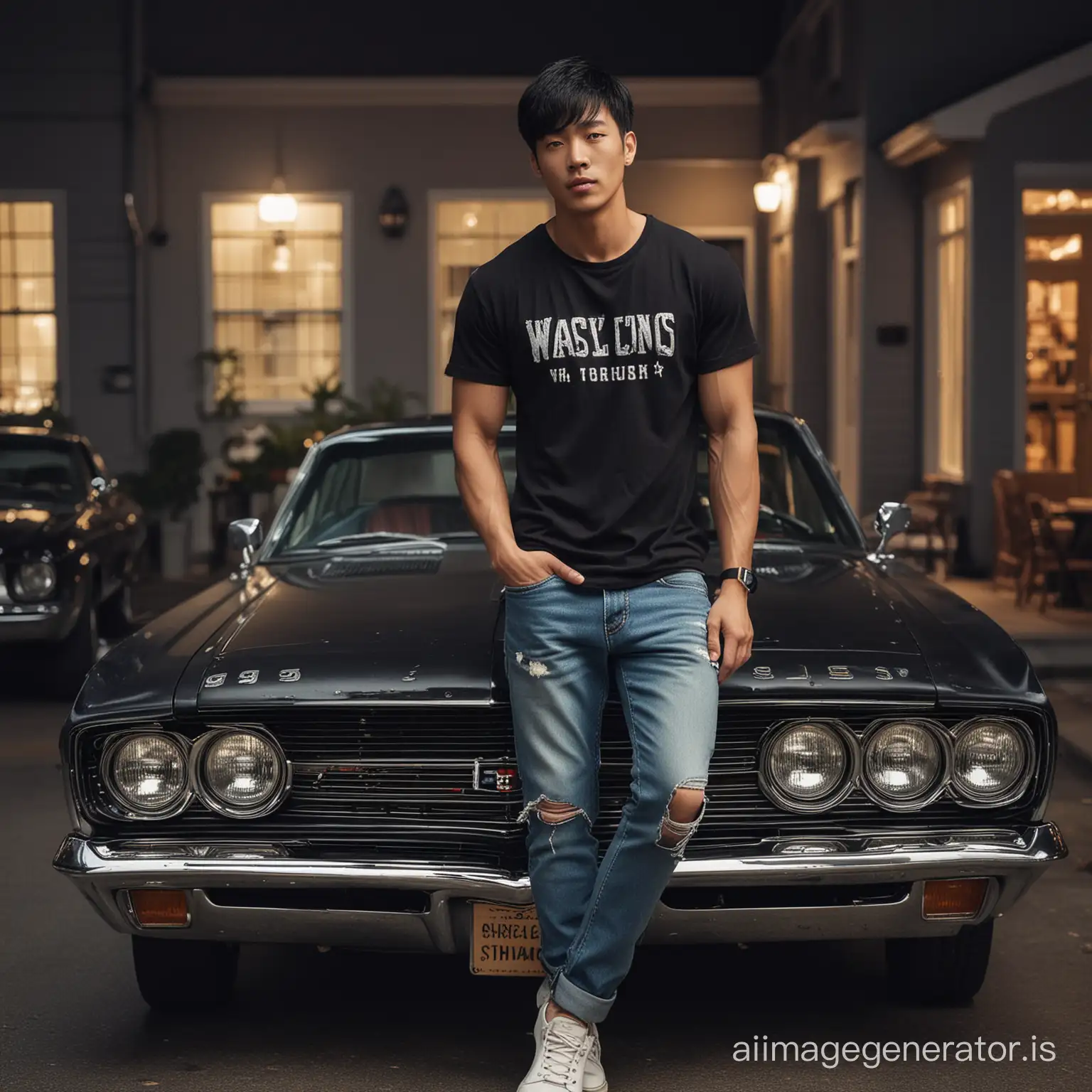 A captivating photograph featuring a stylish Asian man stand casually in the night in front of classic muscle car, embodying a perfect mix of poise and relaxation. His short black hair, elegantly styled with bangs framing his warm hazel eyes, enhances his overall charm and appeal. Dressed in a trendy t-shirt, distressed denim jeans, and fashionable sneakers, he radiates a laid-back coolness that is both inviting and effortlessly chic. This scene, shot from a top view perspective using a Hasselblad X2D camera, is ideal for capturing the fashionable lifestyle and relaxed atmosphere of a nighttime setting under the warm glow of a night lamp. No defects